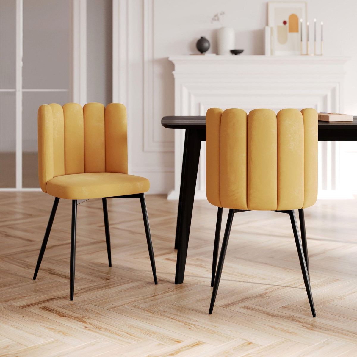 MAISON PAVANE Lot de 2 chaises en velours jaune et pieds en métal-Rosy