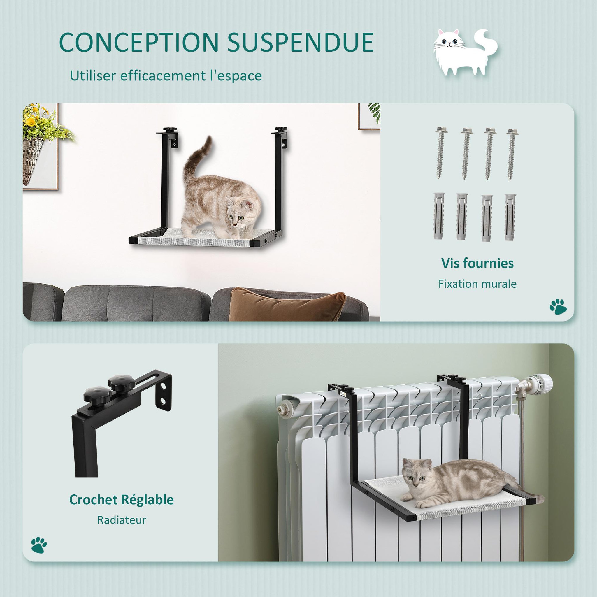 Voir la diapositive 4 : PAWHUT Arbre à chat mural design - étagère murale pour chat - hamac radiateur chat - armature avec fixation réglable - acier noir PVC polyester crème