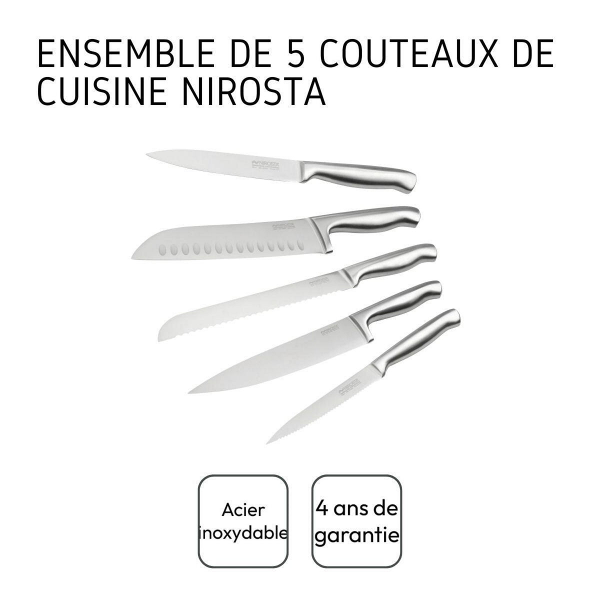 NIROSTA Ensemble de 5 couteaux de cuisine professionnels en inox de 24 à 33,5 cm Nirosta Star