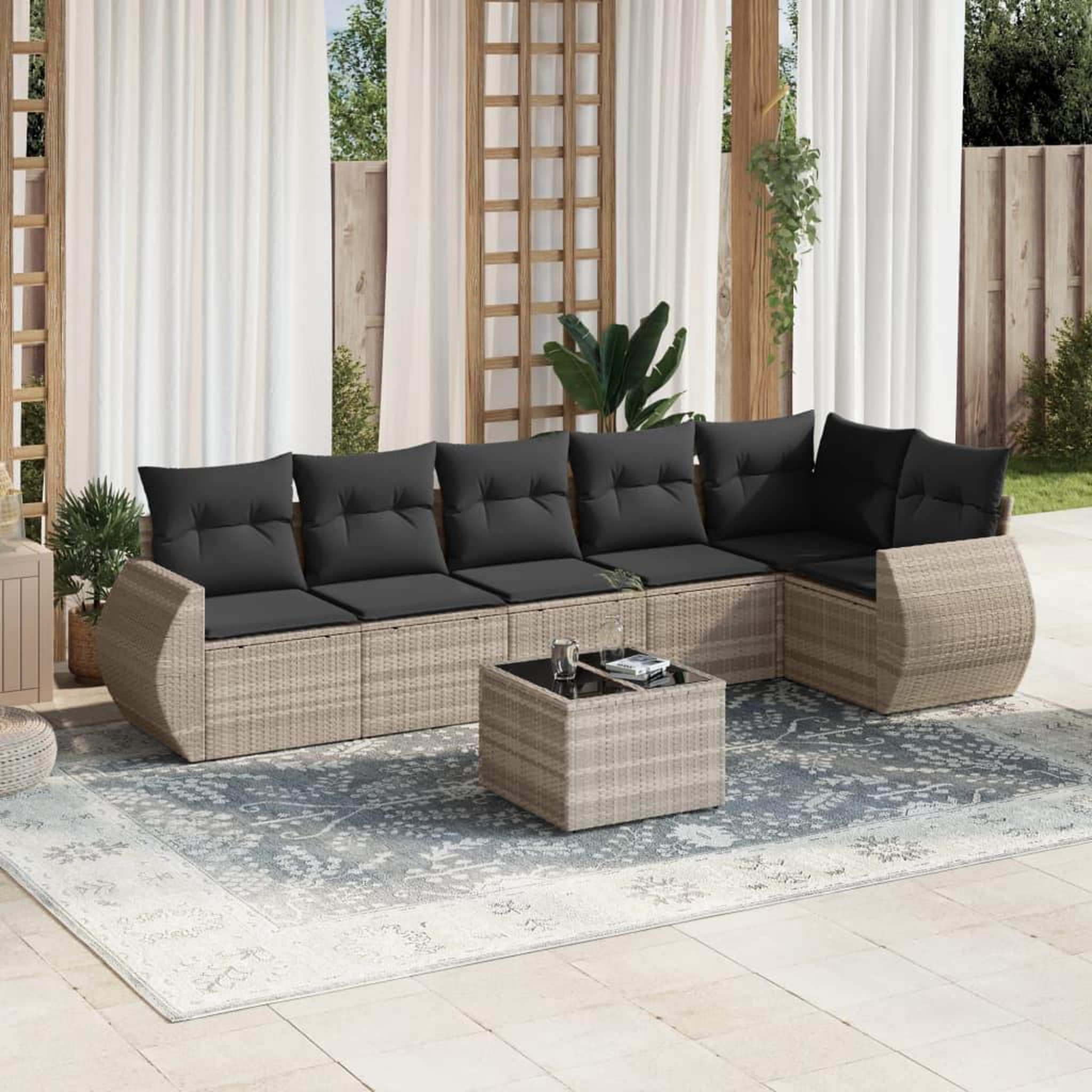 VIDAXL Salon de jardin avec coussins 7 pcs gris clair resine tressee