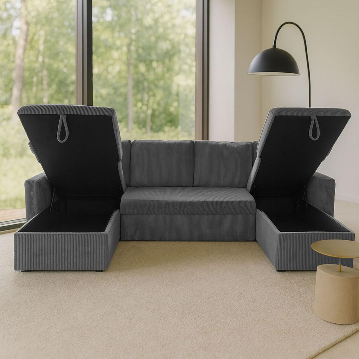 CONCEPT USINE Canapé panoramique convertible avec coffres 4 places en velours côtelé gris MAHÉ