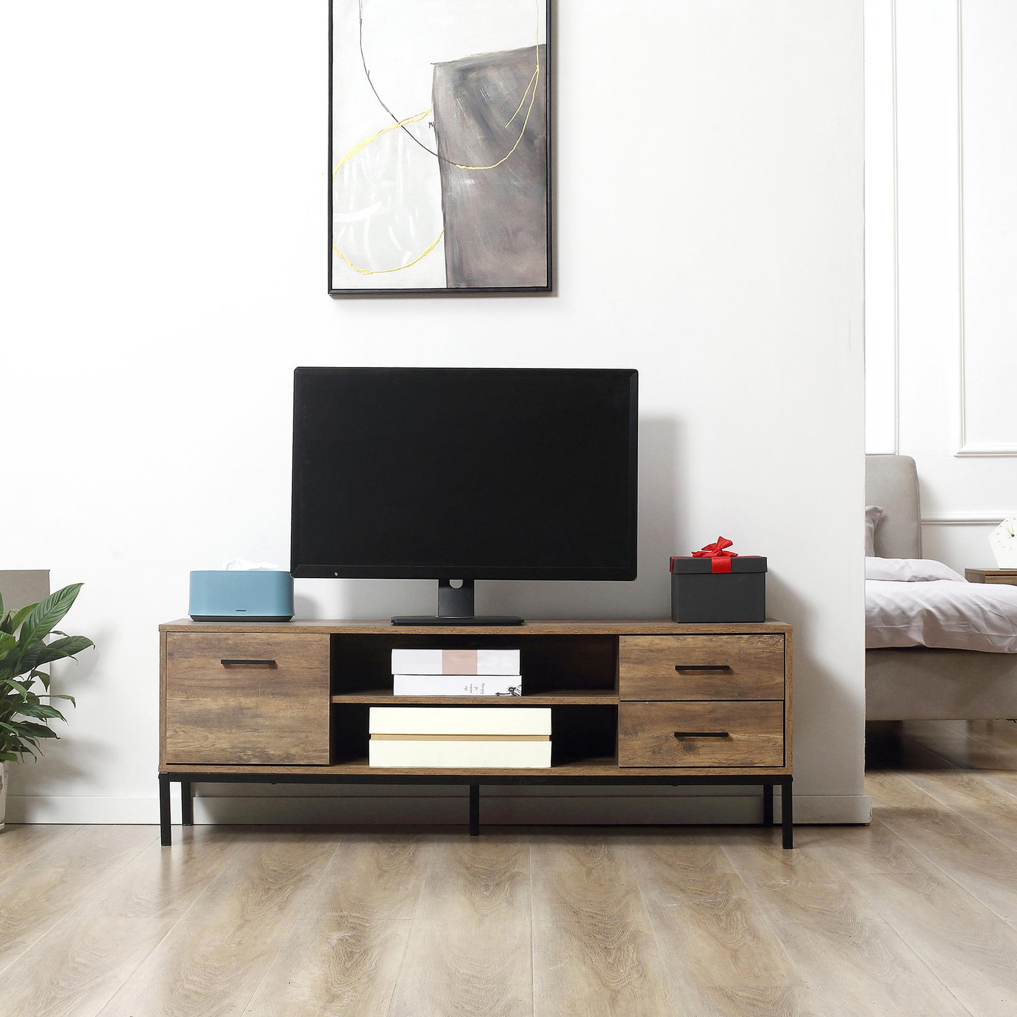 Voir la diapositive 4 : HOMCOM Meuble TV banc TV design industriel - porte, 2 tiroirs, 2 niches - piètement acier noir - aspect bois de manguier