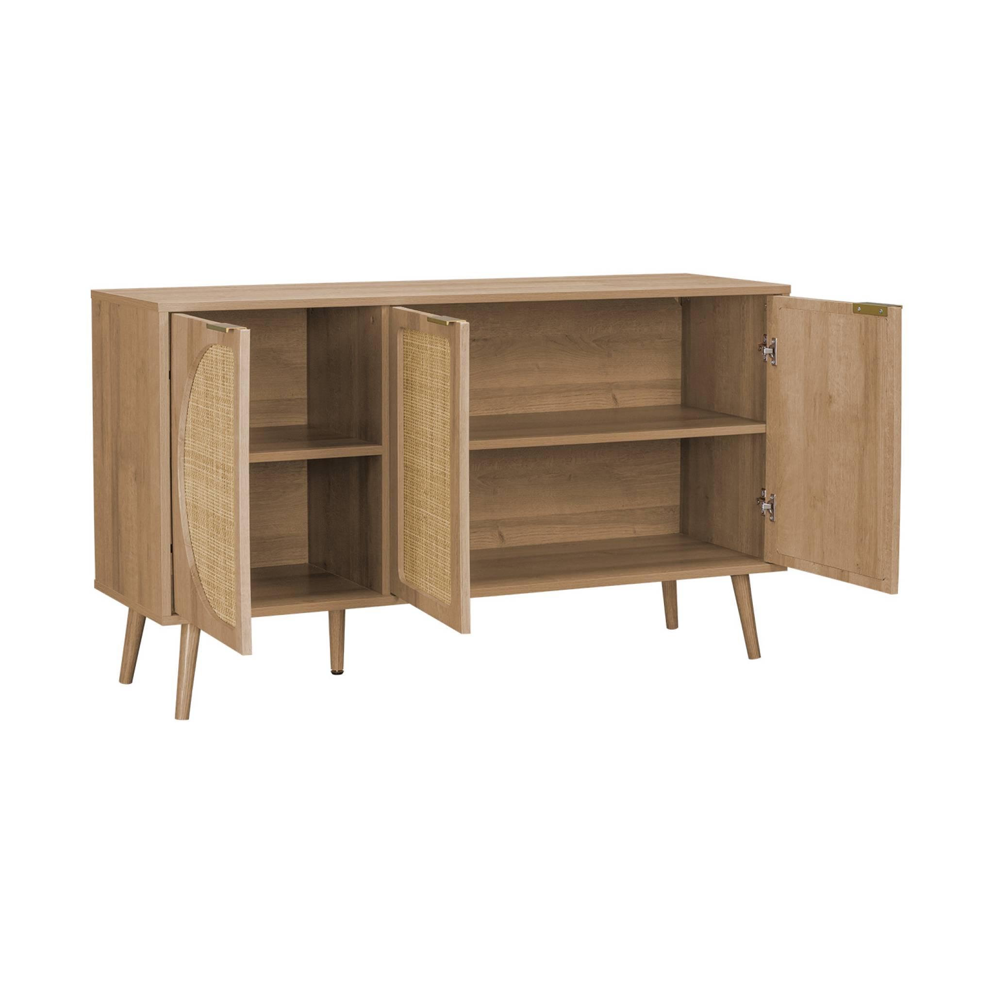 Voir la diapositive 6 : SWEEEK Buffet de rangement. Eva. cannage arrondis et décor bois. trois portes. deux niveaux . buffet bas. L 120 x l39 x H70cm