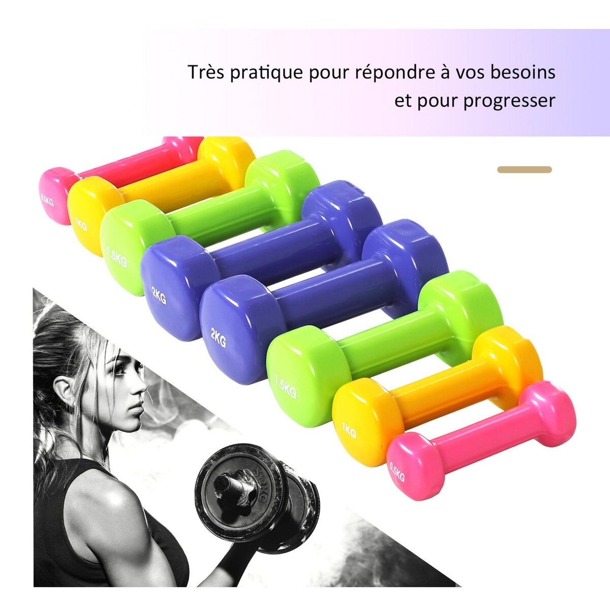 HOMCOM Ensemble d'haltères courtes total 10 Kg - paires de 0,5/1/1,5/2 Kg avec malette - entraînement musculaire & haltérophilie - métal PU multicolore