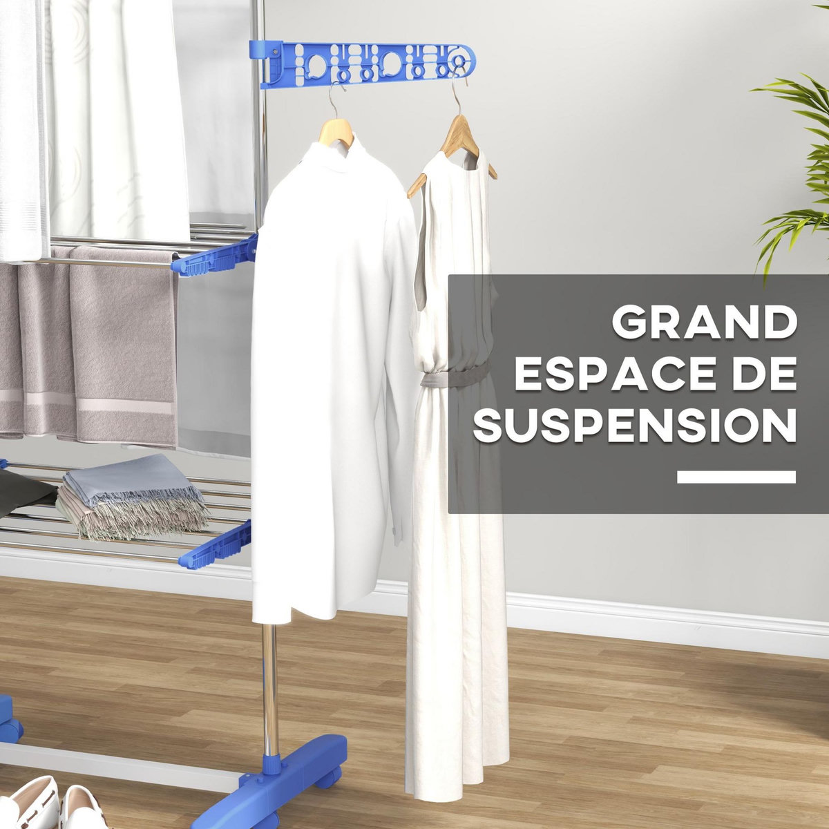 HOMCOM Séchoir à linge étendoir pliable ailes latérales 3 niveaux acier inox PP