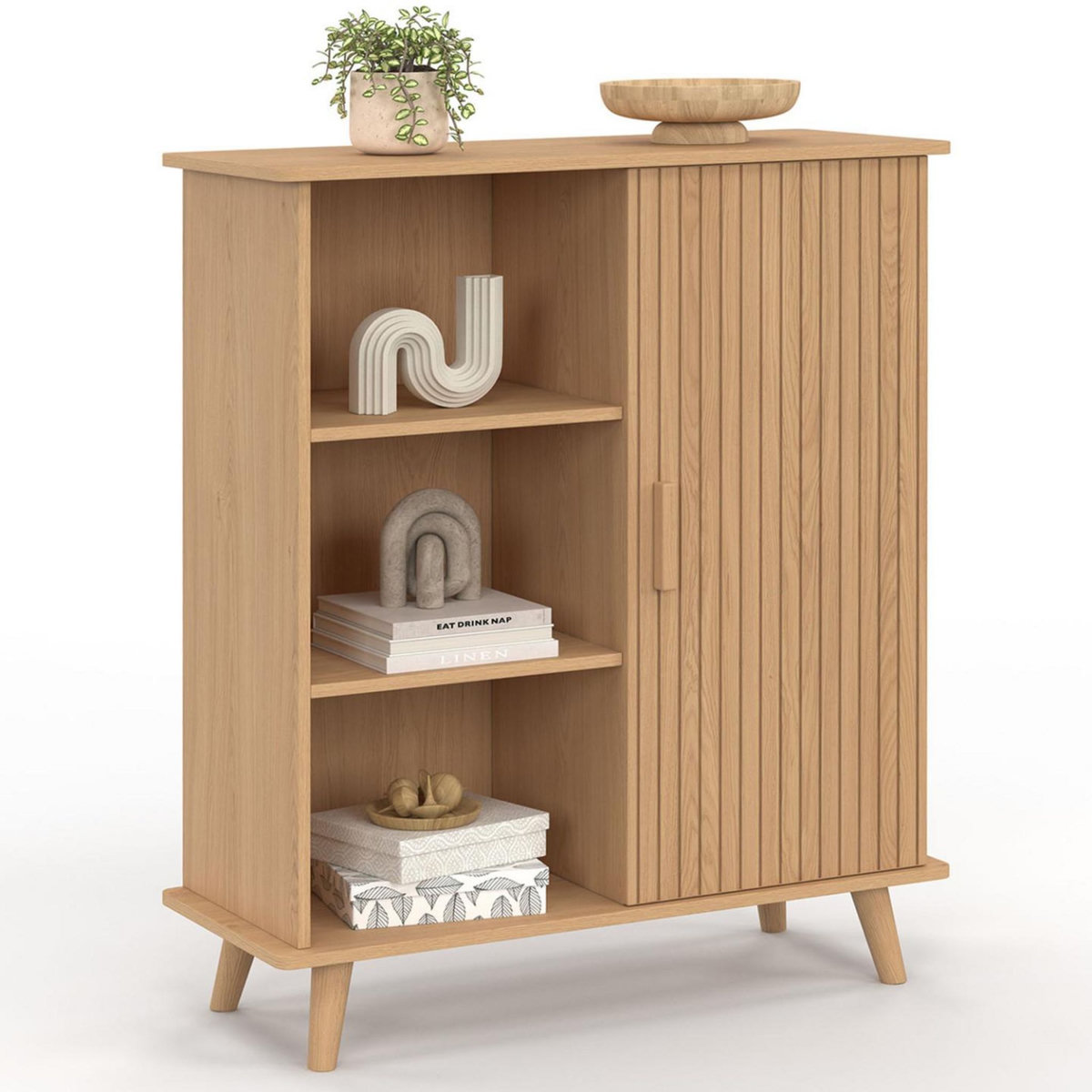 ID MARKET Buffet d'appoint 3 étagères et placard 70 cm JULIETTE effet lattes tasseau bois