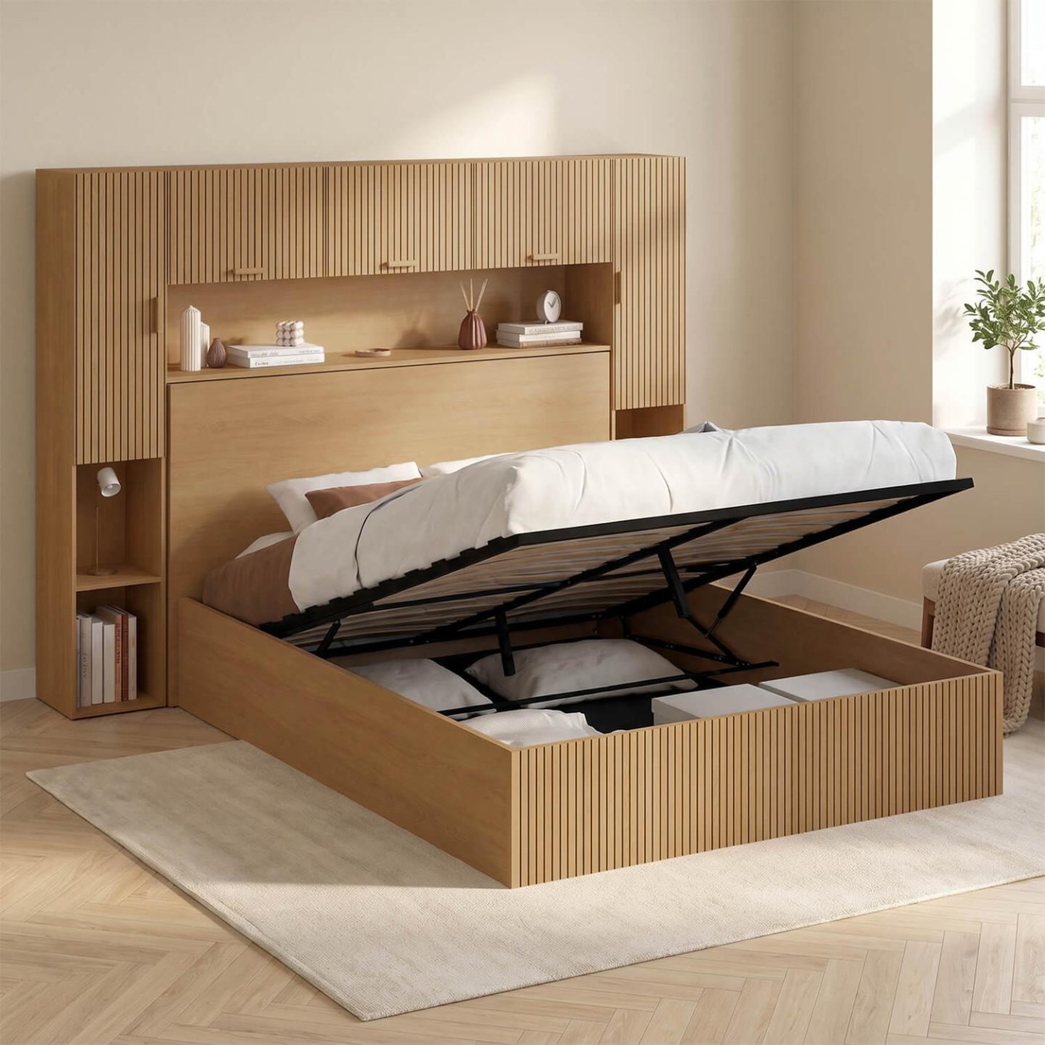 Voir la diapositive 2 : ID MARKET Lit pont coffre double JULIETTE armoire avec rangements et sommier 140 x 190 cm effet lattes tasseau de bois