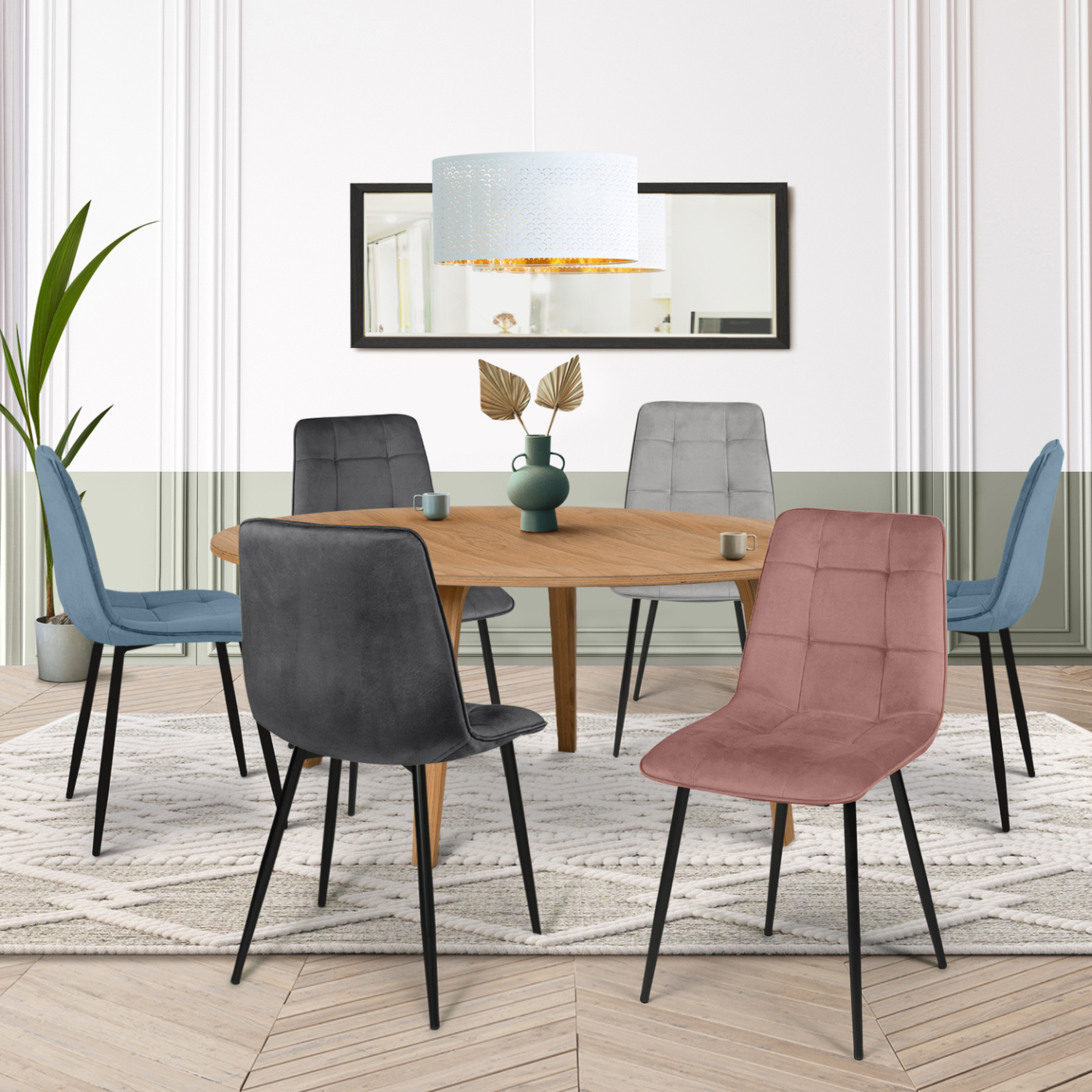Voir la diapositive 2 : ID MARKET Lot de 6 chaises mila en velours mix color pastel bleu x2, gris foncé x2, gris clair, rose