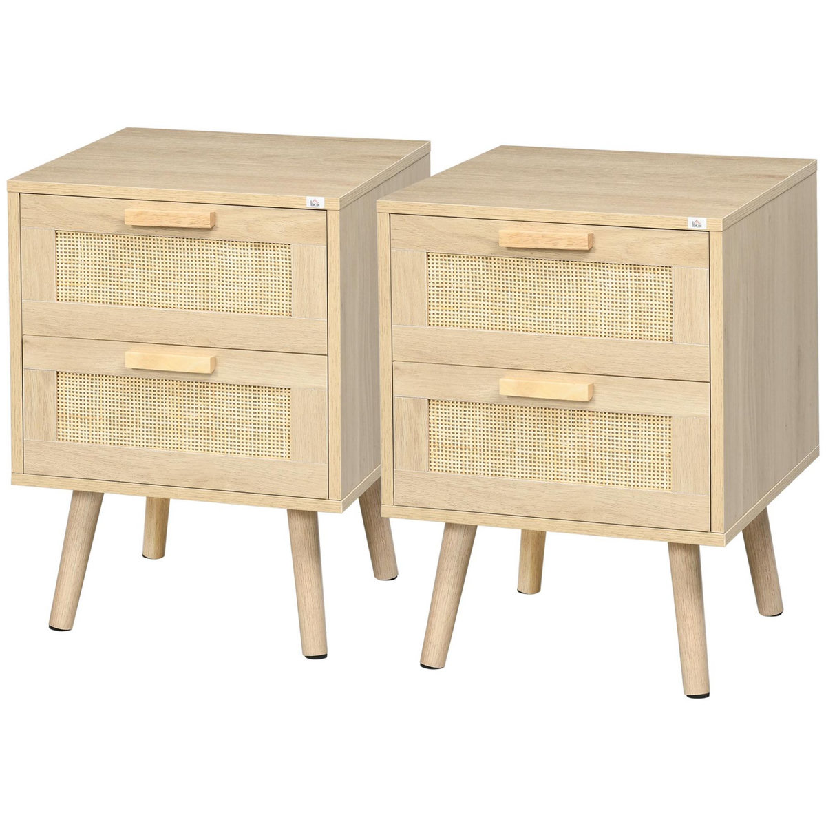 HOMCOM Lot de 2 tables de chevet 2 tiroirs chacune cannage rotin bois panneaux aspect bois clair