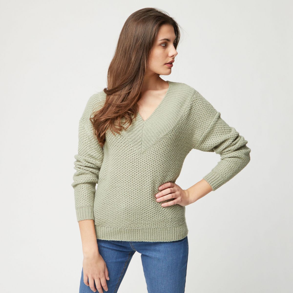 INEXTENSO Pull col v vert clair femme