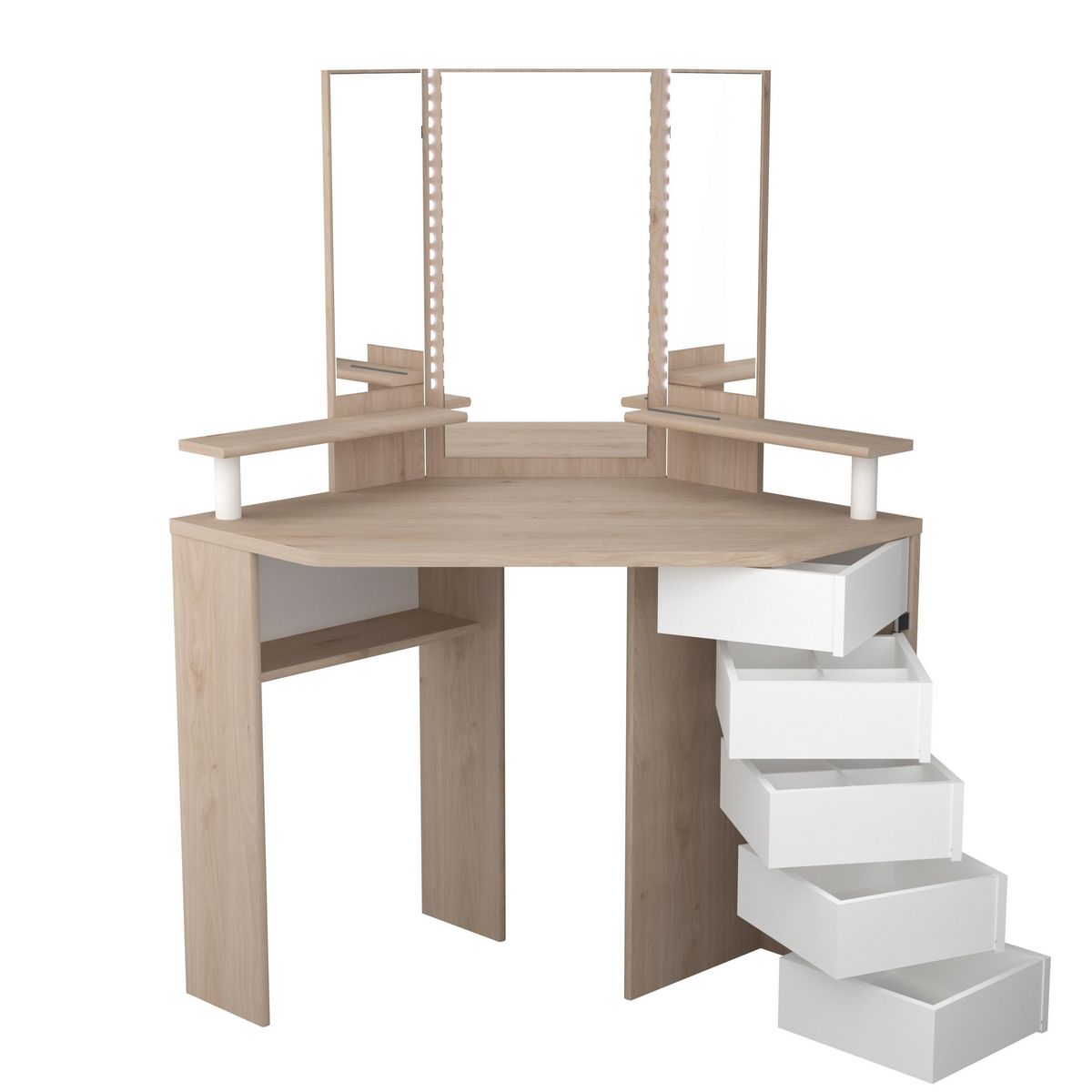 Coiffeuse d'angle 3 miroirs 5 tiroirs pivotants GIRLY