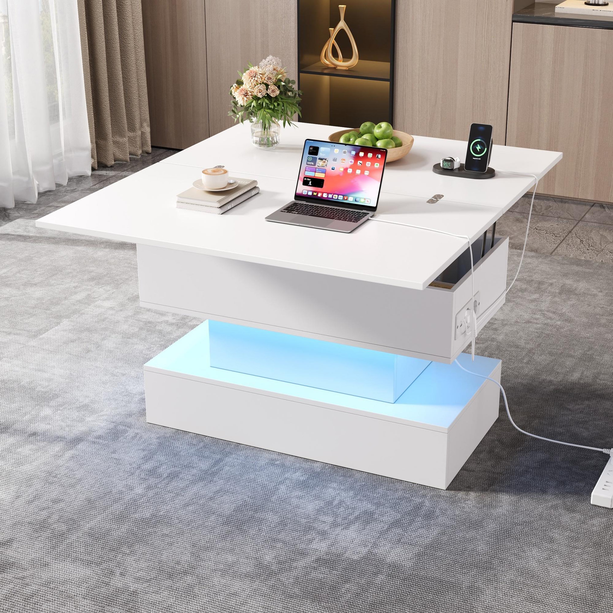 Voir la diapositive 5 : MERAX Table basse relevable rectangulaire blanc - 50x100 cm led panneau de particules