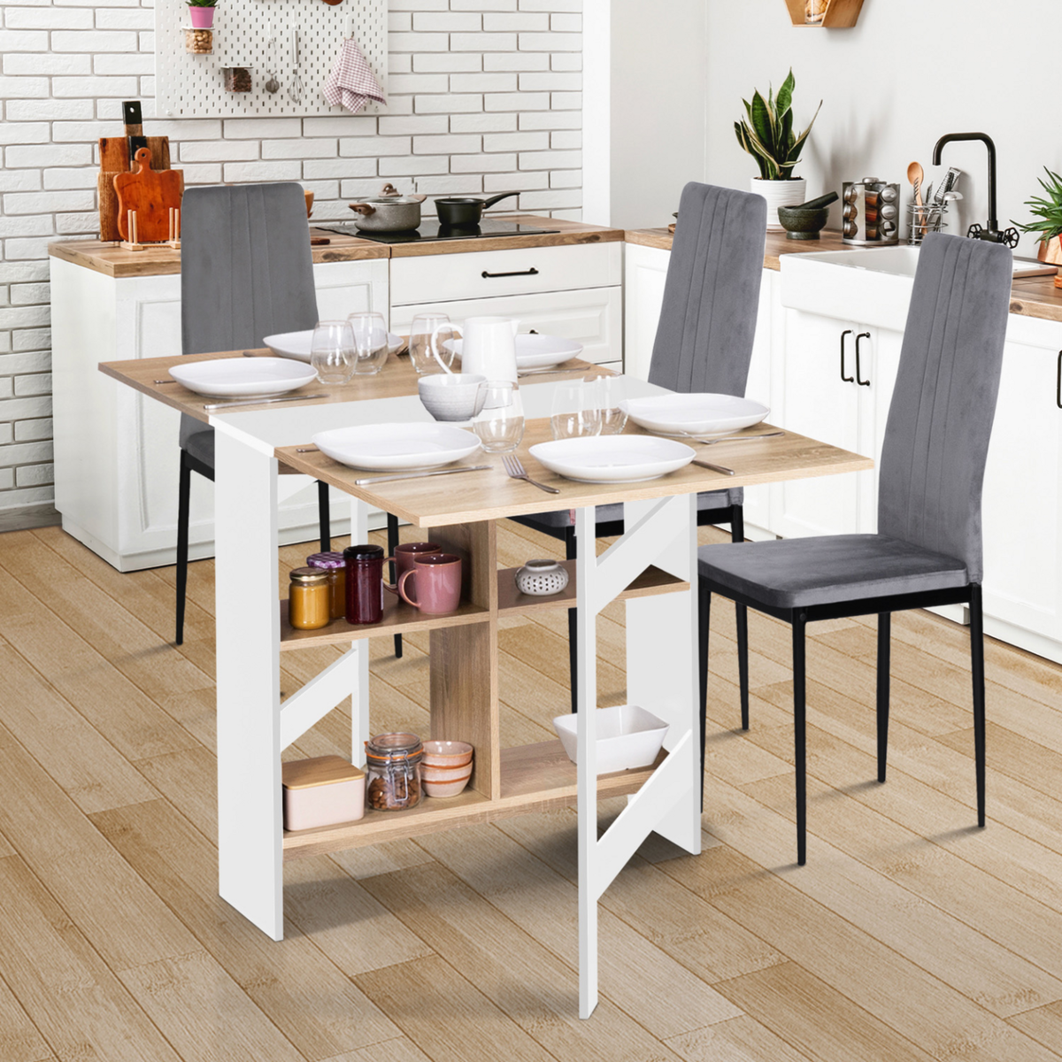 ID MARKET Table console pliable EDI 2-6 personnes avec rangements bois blanc plateau façon hêtre 150 x 80 cm