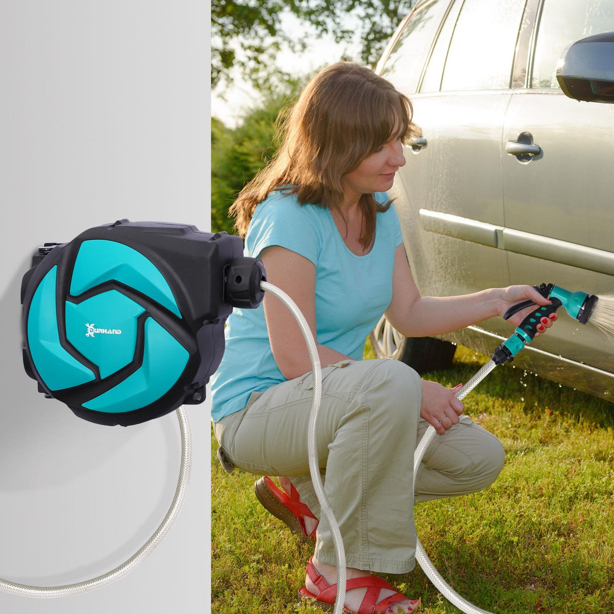 OUTSUNNY Dévidoir mural enrouleur automatique pivotant 180° tuyau 10 + 1 m avec lance arrosage support mural intégré turquoise noir