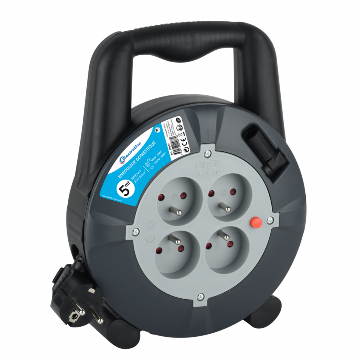Electraline Enrouleur de câble électrique ménager avec terre L. 5 m ho5vvf 3g1.5