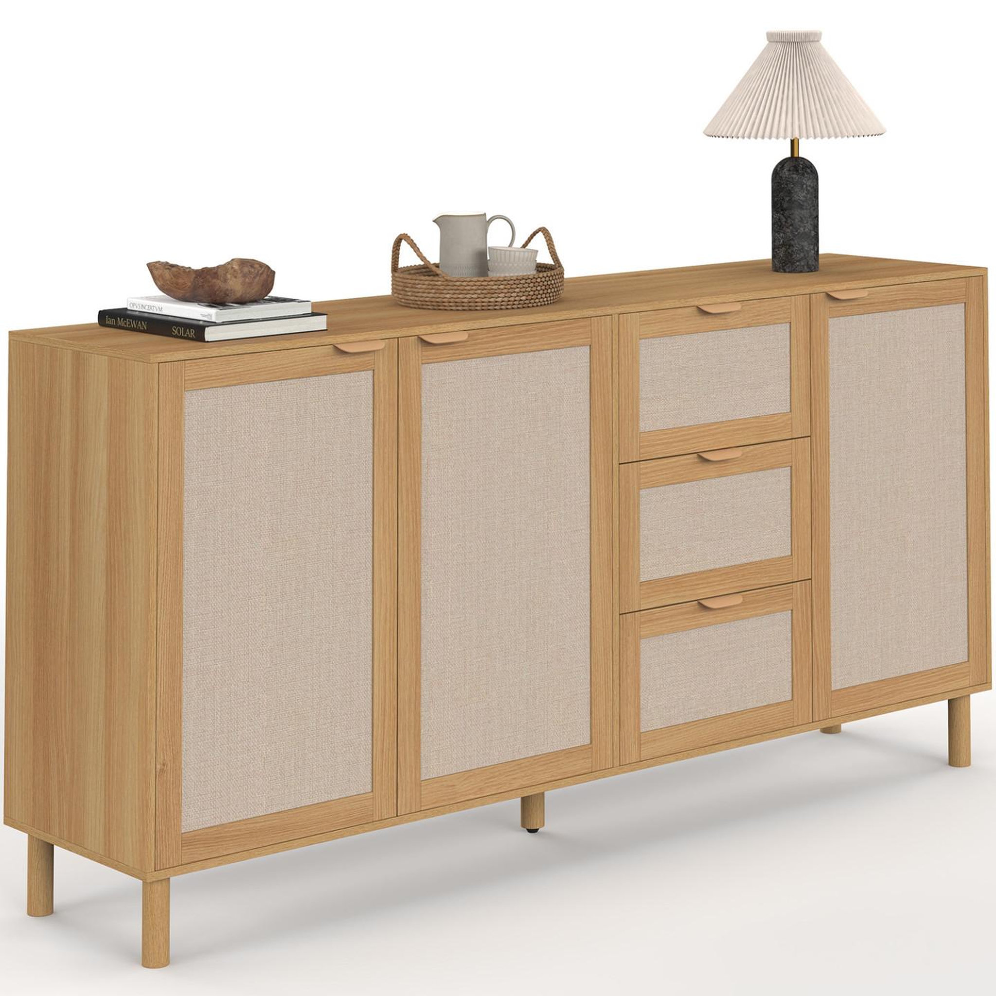 ID MARKET Buffet 160 cm ROBIN 4 portes avec 3 tiroirs meuble de rangement bois et tissu effet lin