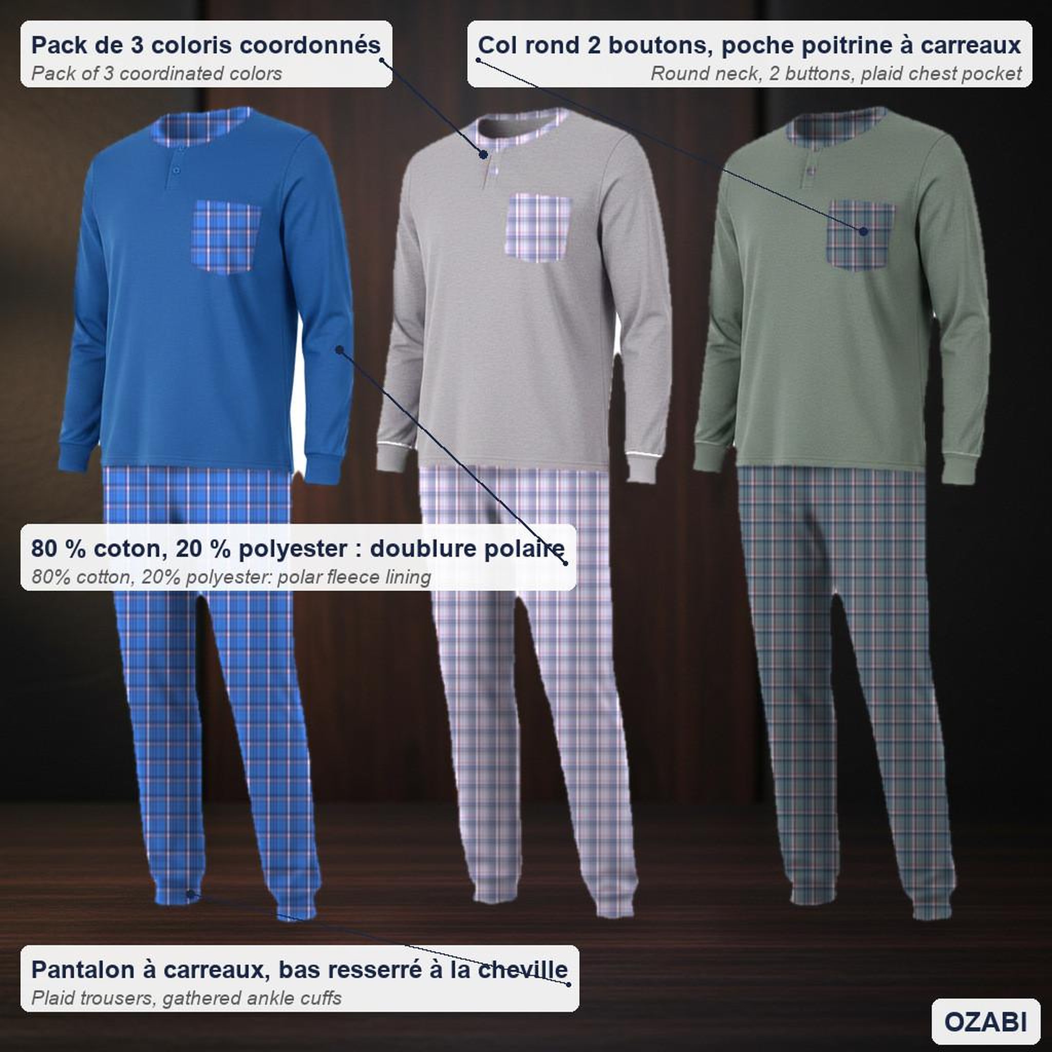 Voir la diapositive 5 : OZABI OZABI Pyjama Homme Long Pack de 3, Coton Doublé Polaire, Col Boutonné