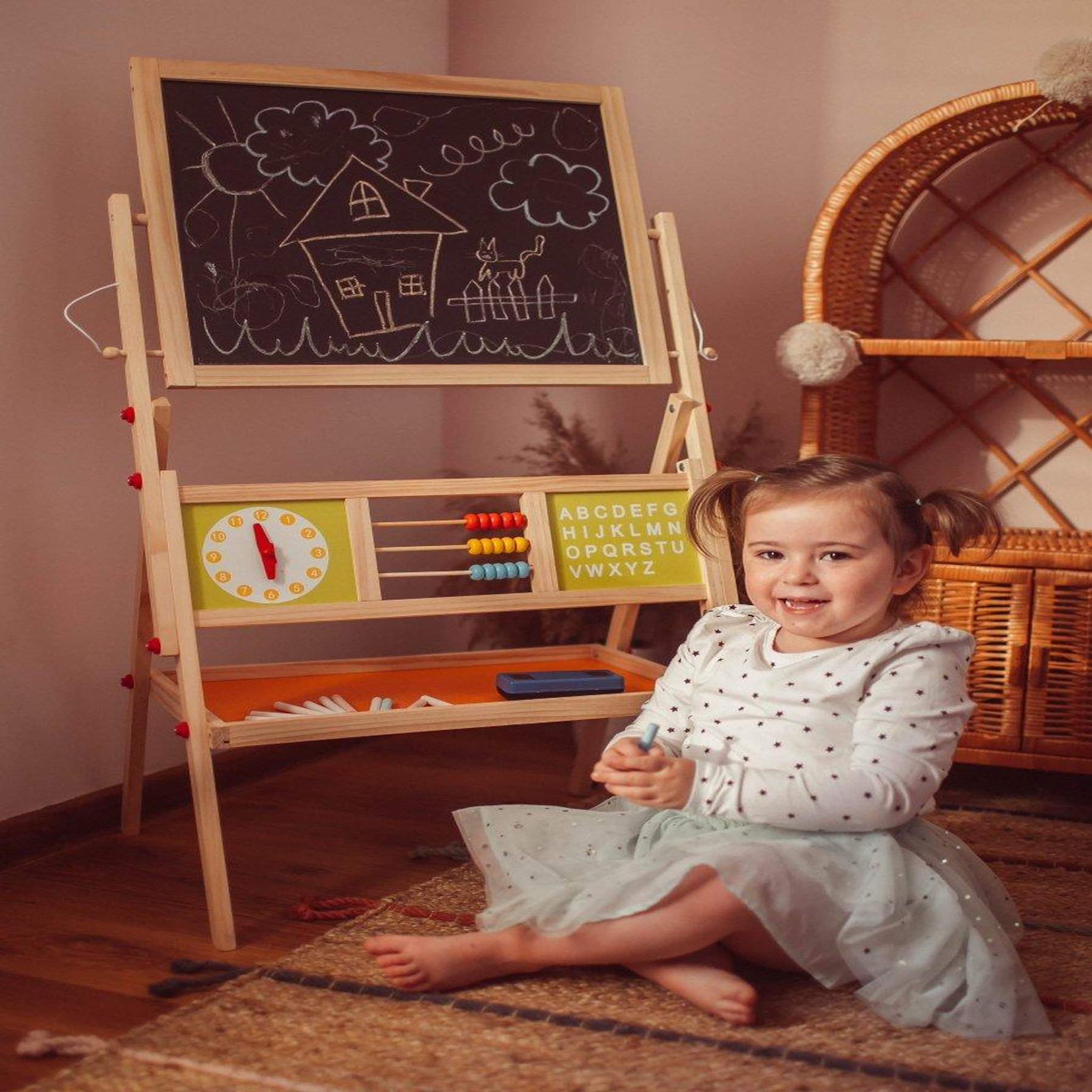 Voir la diapositive 2 : MAMABRUM Tableau Enfant en Bois Double Face Magnétique & Tableau Noir - Chevalet Pliable, Boulier & Horloge