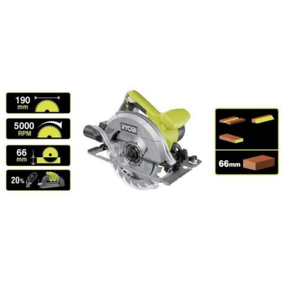 Ryobi RYOBI - Scie circulaire 1 400 W - 1 lame diam. 190 mm 20 dents, 1 guide parallele, 1 buse d'aspiration et clé de service - RCS1
