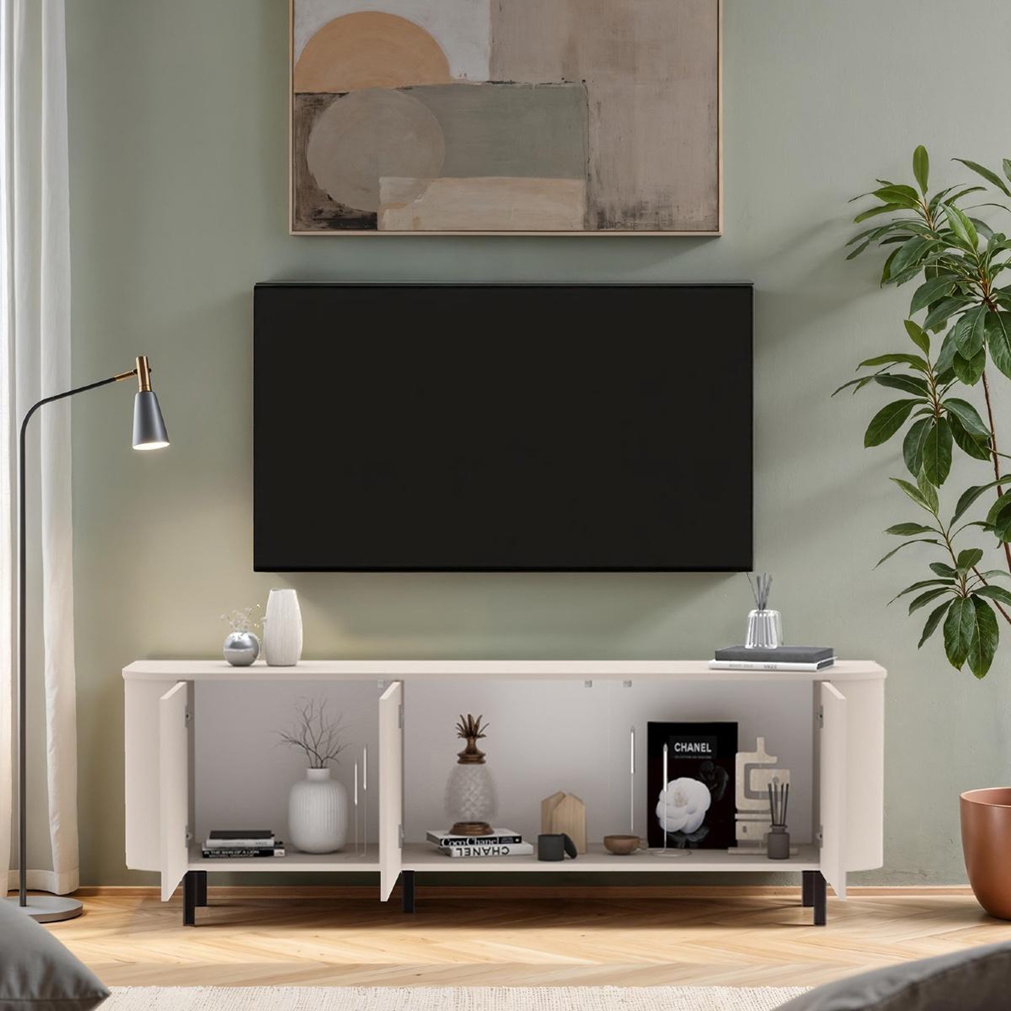 Voir la diapositive 4 : JLC KREATION Meuble tv moderne arrondi 3 portes 180cm beige olga