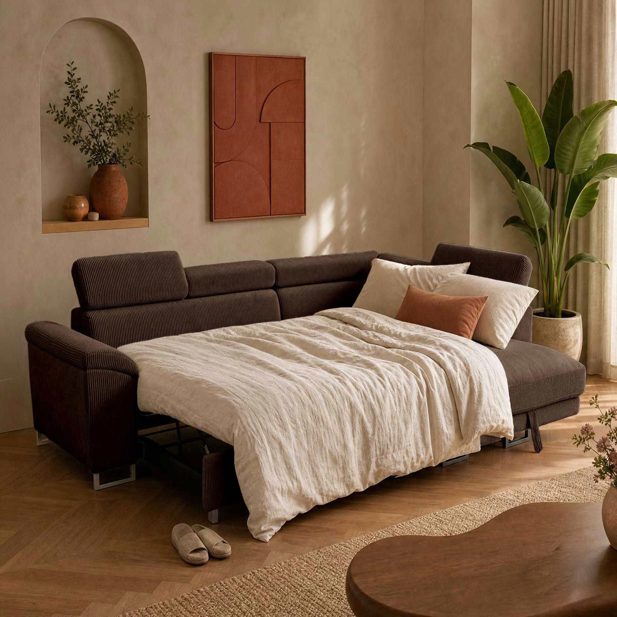 Voir la diapositive 2 : BEST MOBILIER Baoji - canapé d'angle droit 5 places convertible avec têtières et coffre en velours côtelé