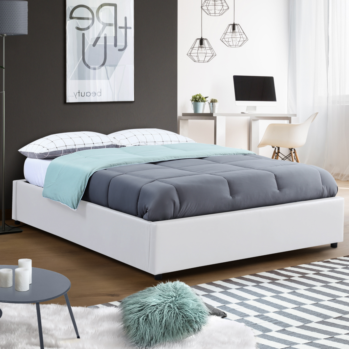 ID MARKET Lit coffre double MIAMI avec sommier 140 x 190 cm PVC blanc