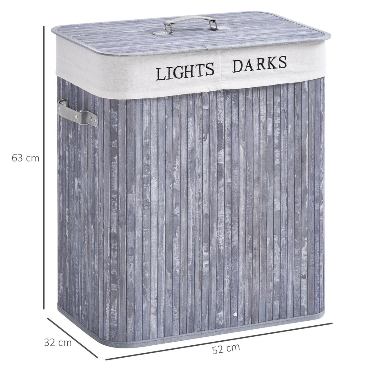 HOMCOM Panier à linge corbeille à linge 2 bacs bambou pliable couvercle poignée sac amovible en toile gris