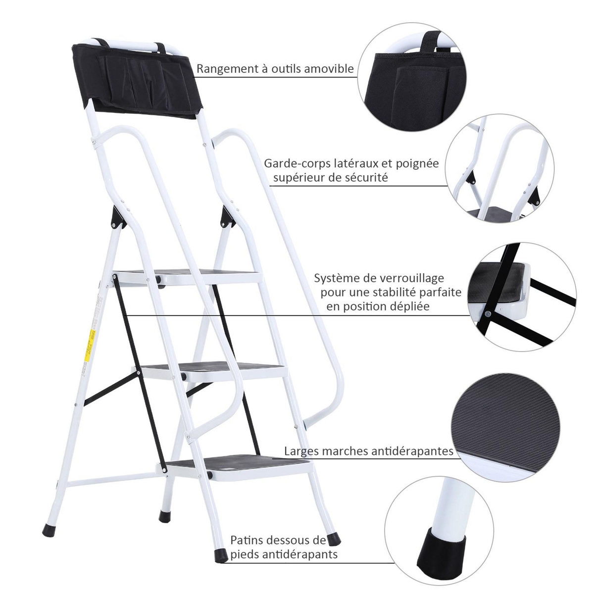 HOMCOM HOMCOM Escabeau pliable 3 marches XL antidérapantes double garde corps hauteur max. 1,31 m charge max. 150 Kg pochette outils intégrée acier blanc noir