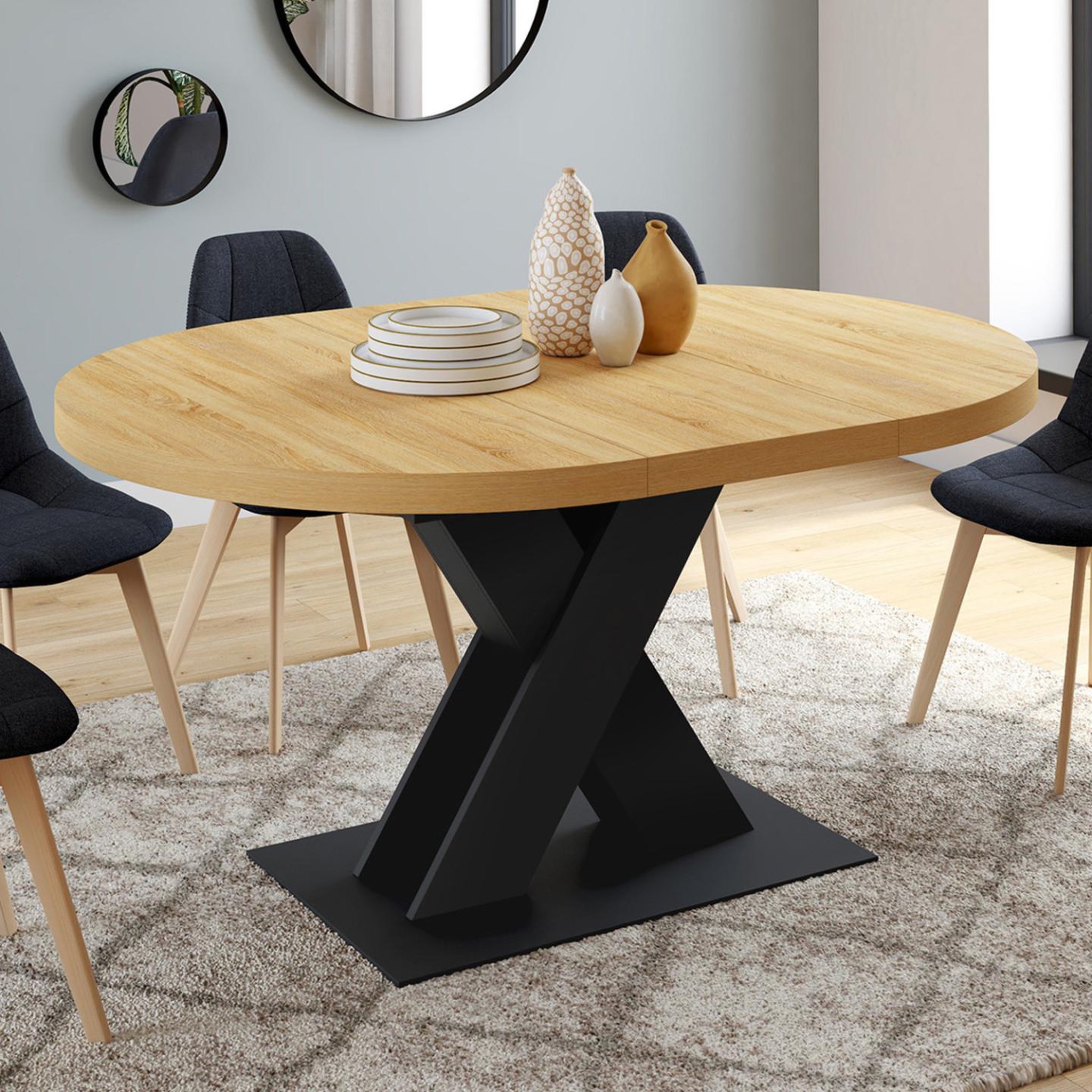 Voir la diapositive 2 : ID MARKET Table à manger extensible ronde alicia 4-8 personnes bois et noir 110 - 150 cm