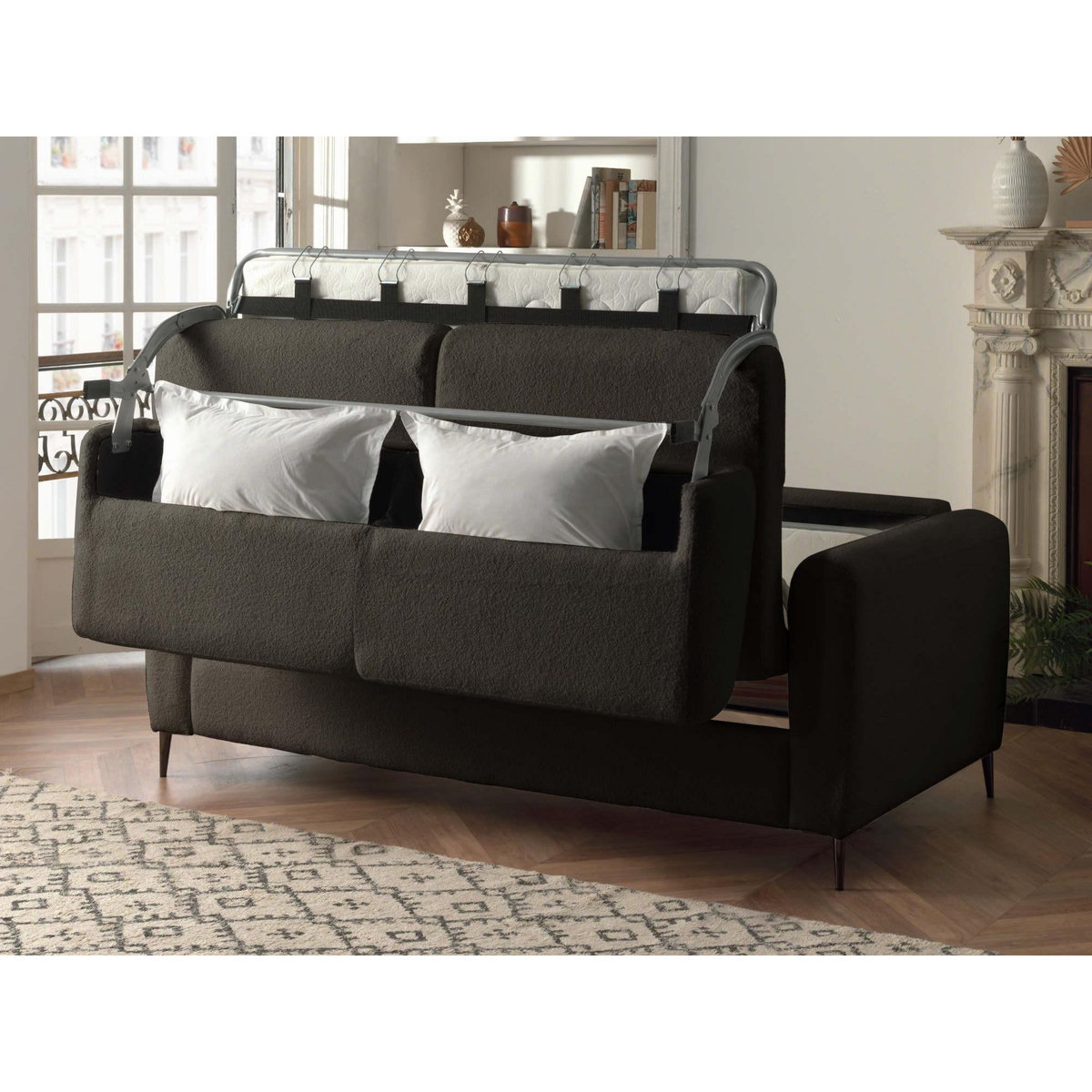 LISA DESIGN Owen - canapé 3 places convertible express couchage quotidien 140 cm matelas 12 cm en tissu bouclette