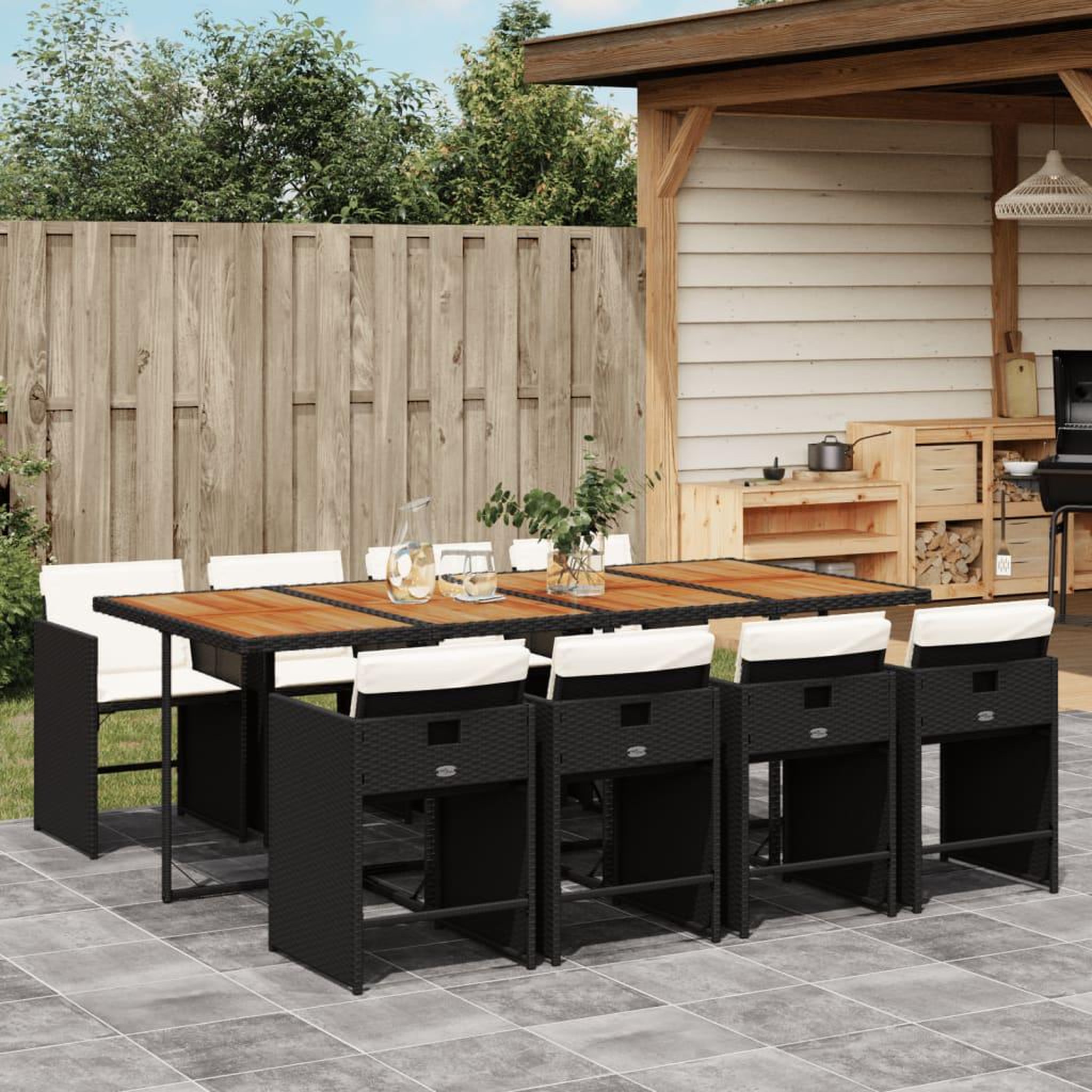 VIDAXL Ensemble a manger de jardin 9pcs coussins noir resine tressee