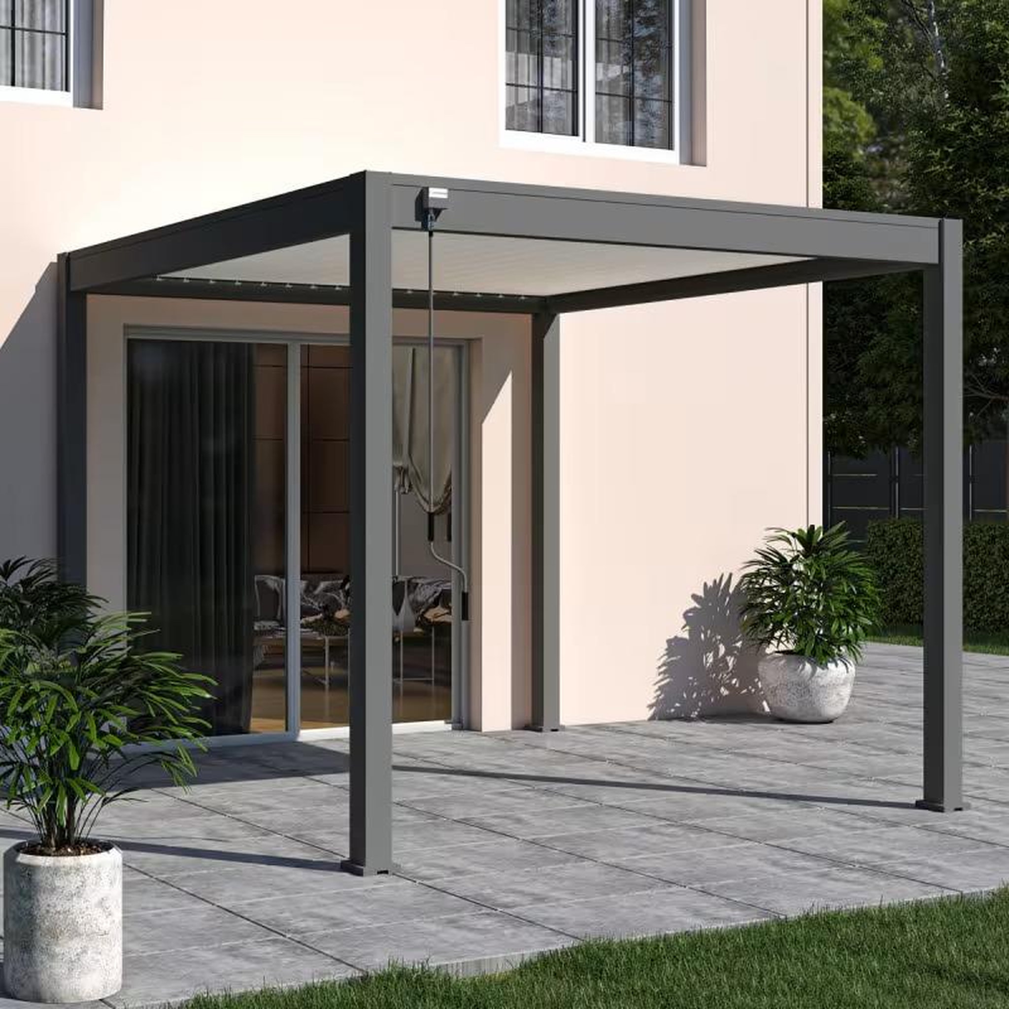 CENTRALE BRICO Pergola autoportante 3 x 3 m à lames orientables - aluminium anthracite - toit blanc avec drainage intégré