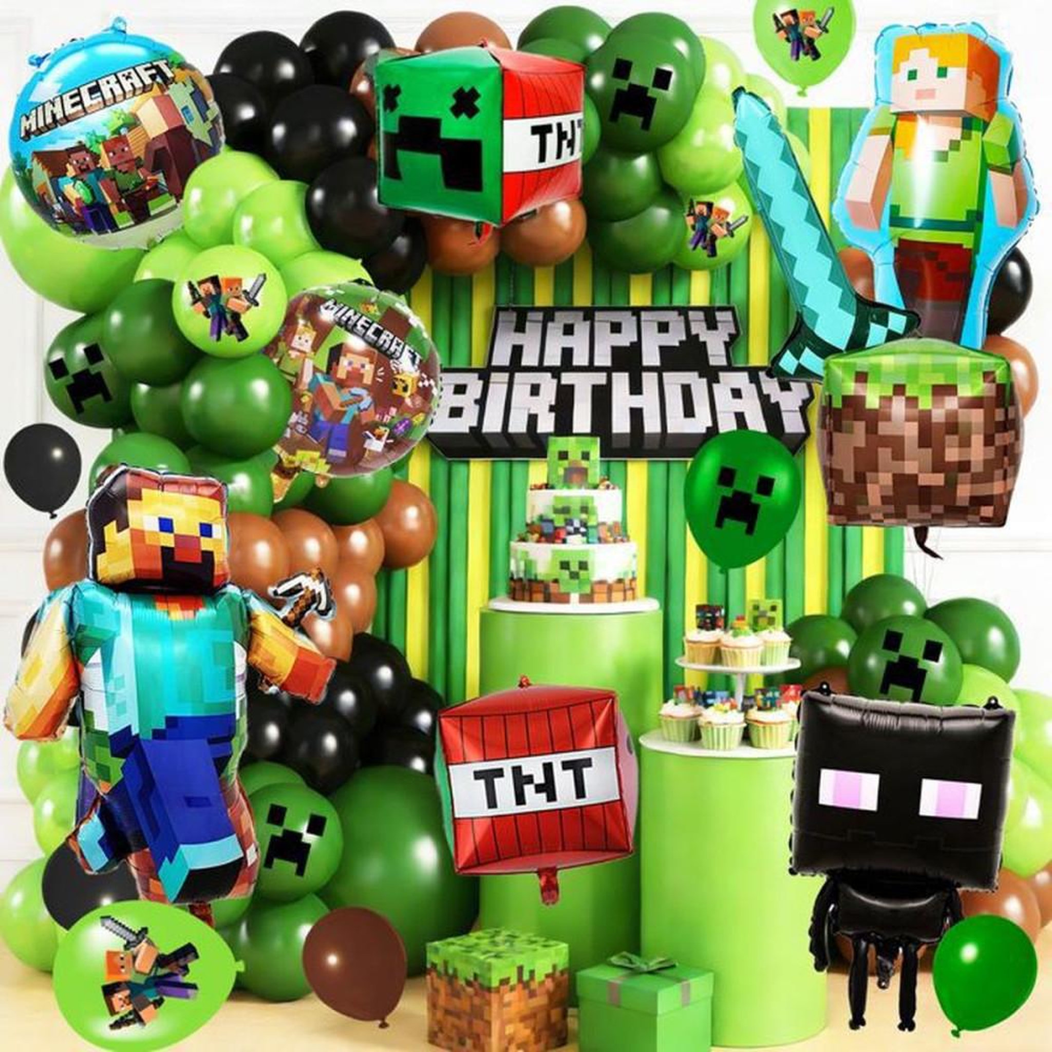 Kit déco ballons anniversaire Minecraft Creeper & blocs pixel avec arche et points de colle, vert et brun