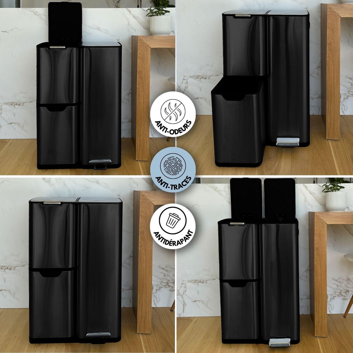 Kitchen move Poubelle de cuisine tri sélectif HAJA Noir Acier inoxydable 60L