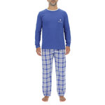 PIERRE CARDIN Ensemble Pyjama long homme en popeline à carreaux et Logo poitrine. Coloris disponibles : Bleu