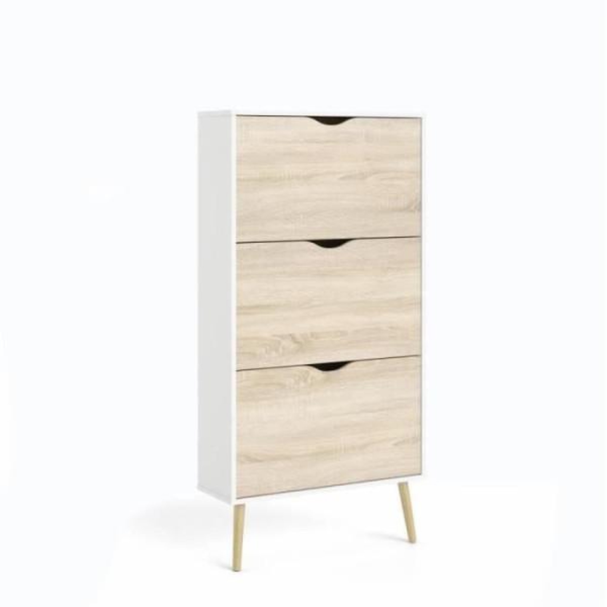 Voir la diapositive 3 : MARKET24 Meuble a chaussures - Blanc / Chene - 12 paires - Pietement évasé en bois massif - 70,2 x 23,9 x 138,9 cm ARO