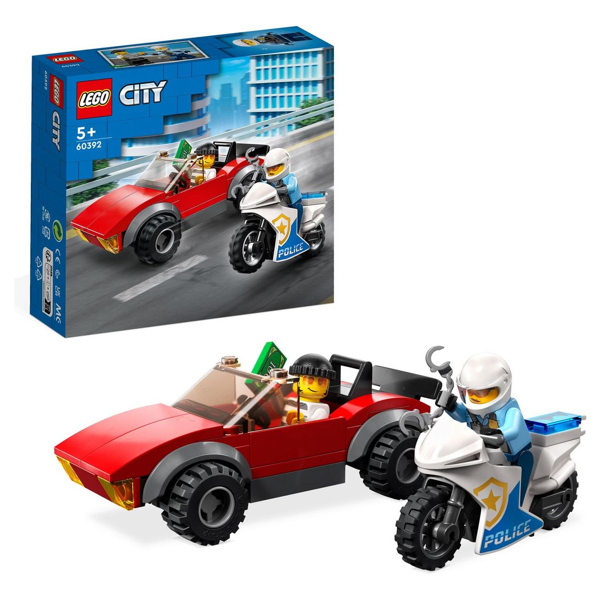 LEGO City 60392 La Course-Poursuite de la Moto de Police, Jouet Voiture de Course et 2 Minifigurines Policiers