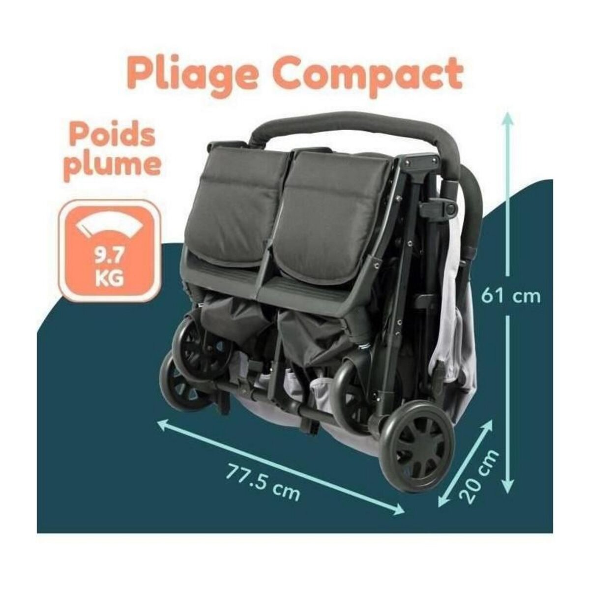 BAMBISOL Bambisol - DS209 GRIS NOIR - Poussette Double Cote a Cote | Pour Jumeaux des la Naissance, Pliage Ultra-Compact | Noir Gris