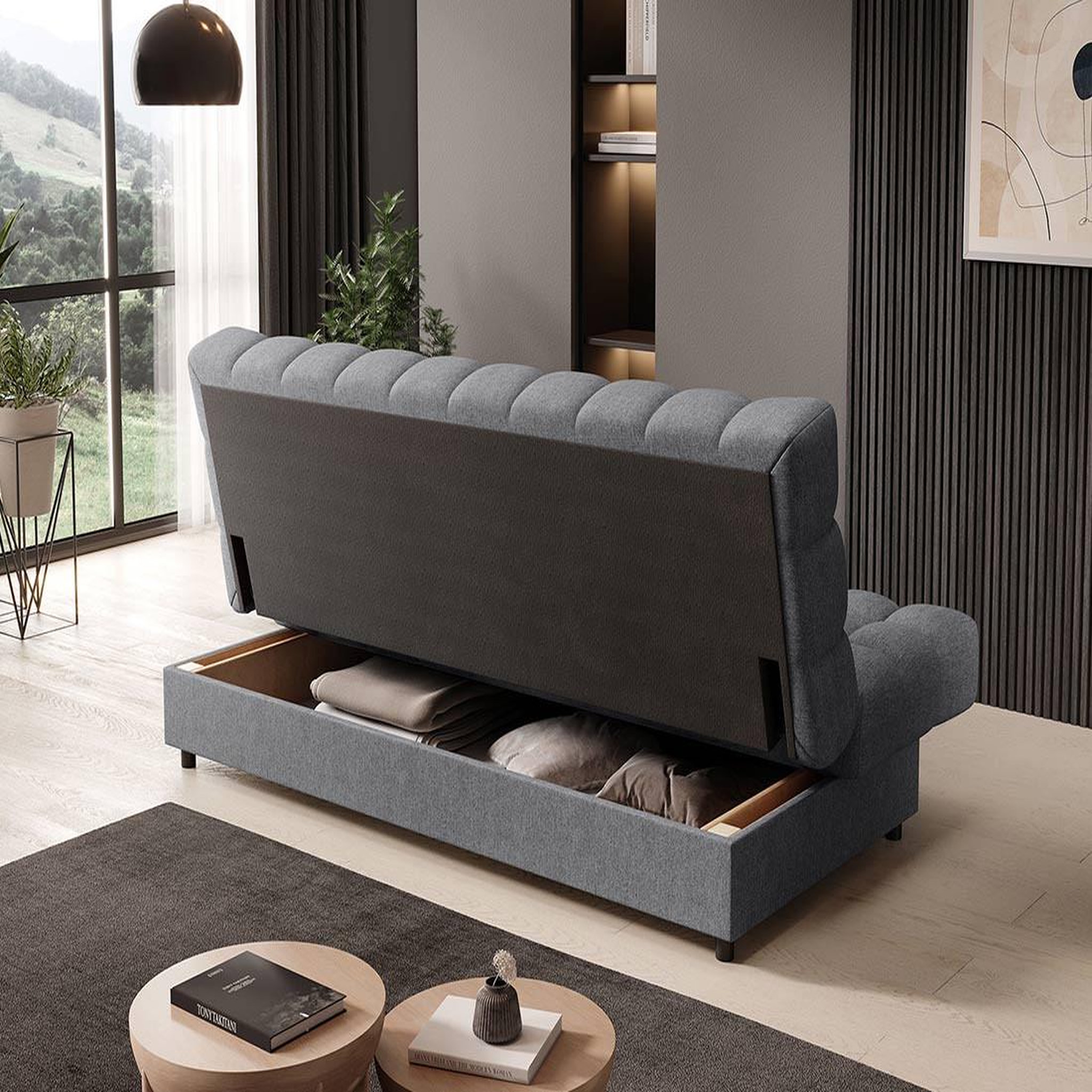 Voir la diapositive 3 : BEST MOBILIER Ezra - canapé convertible clic-clac 3 places avec coffre en tissu texturé