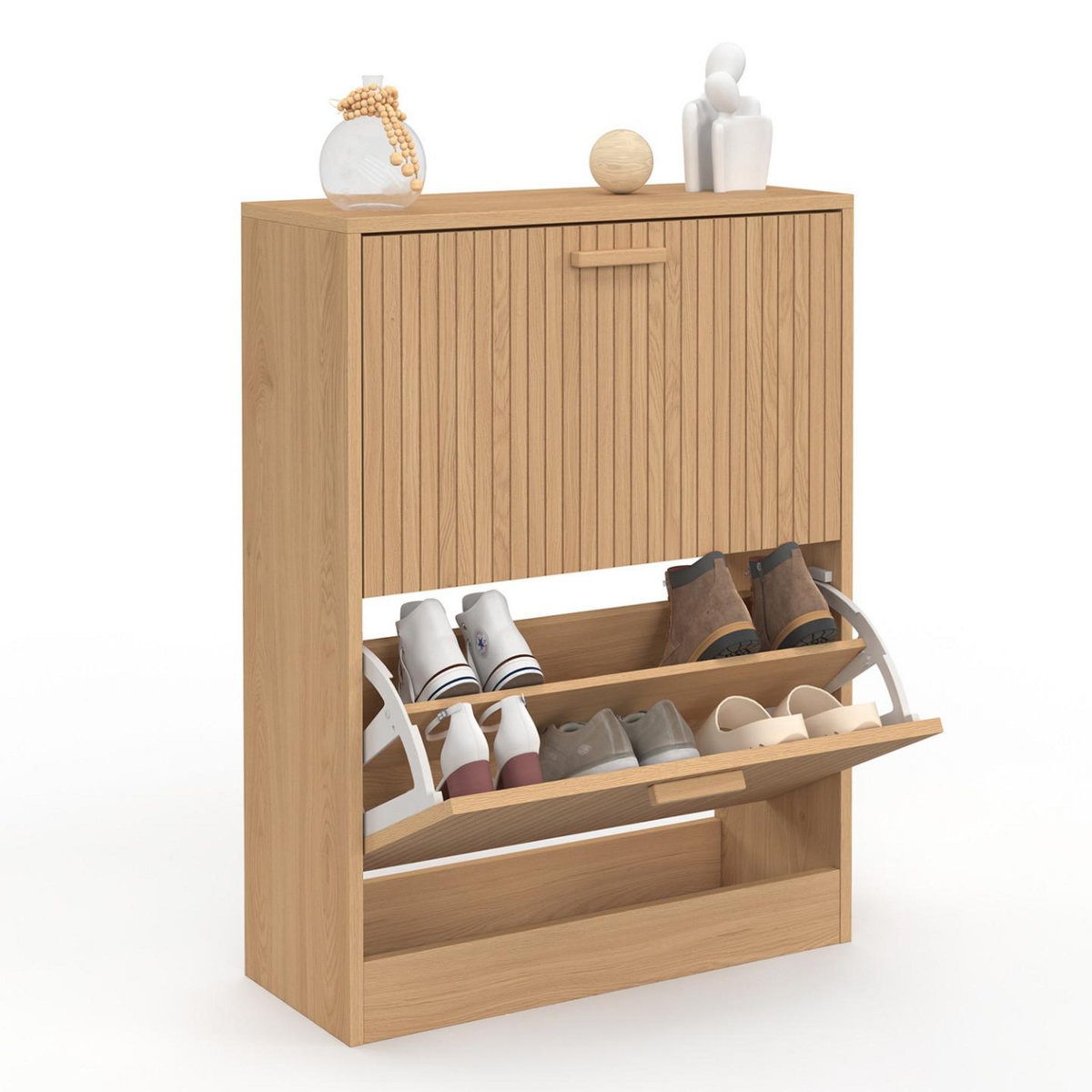 ID MARKET Meuble à chaussures 12 paires JULIETTE 2 portes lattes tasseau bois coloris chêne