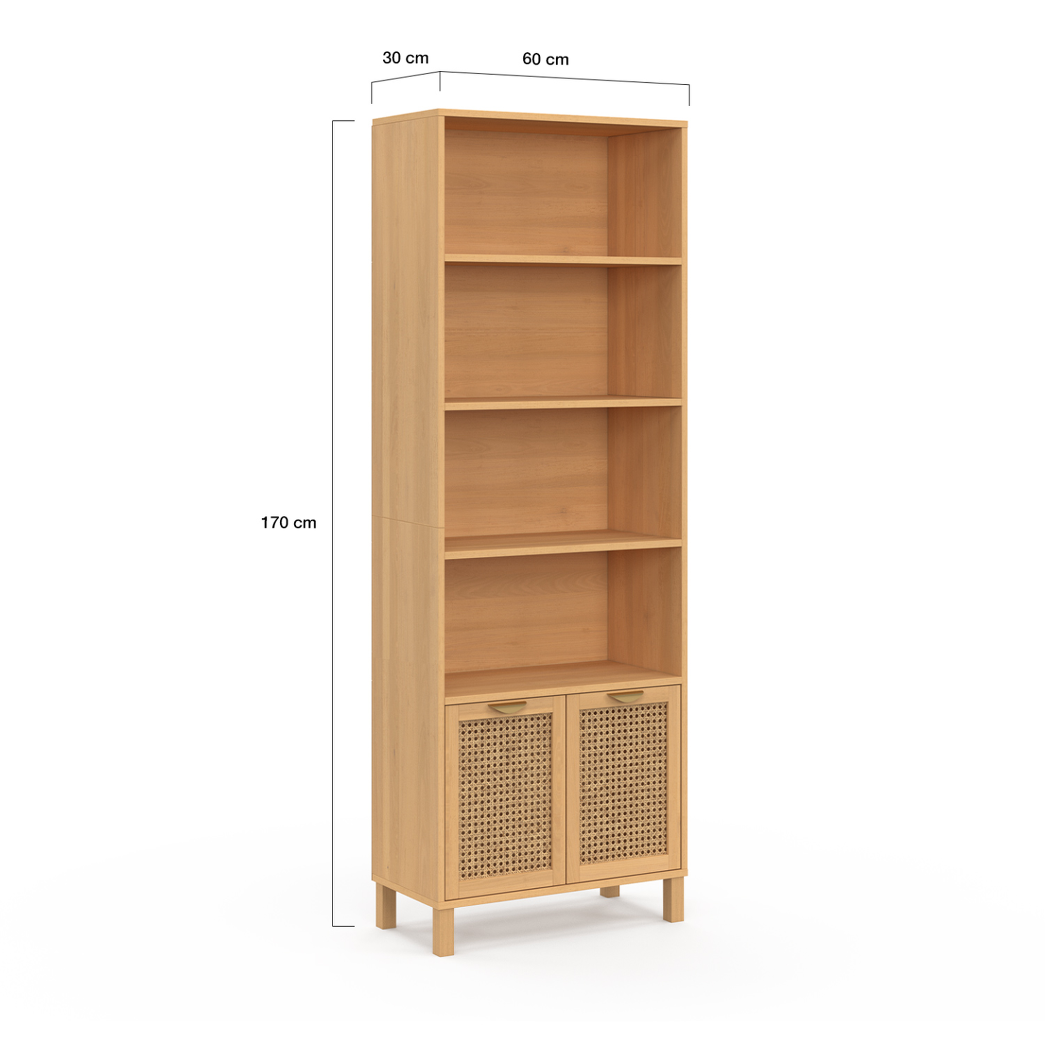 Voir la diapositive 5 : ID MARKET Etagère bibliothèque 4 niveaux avec placard edhen cannage et bois