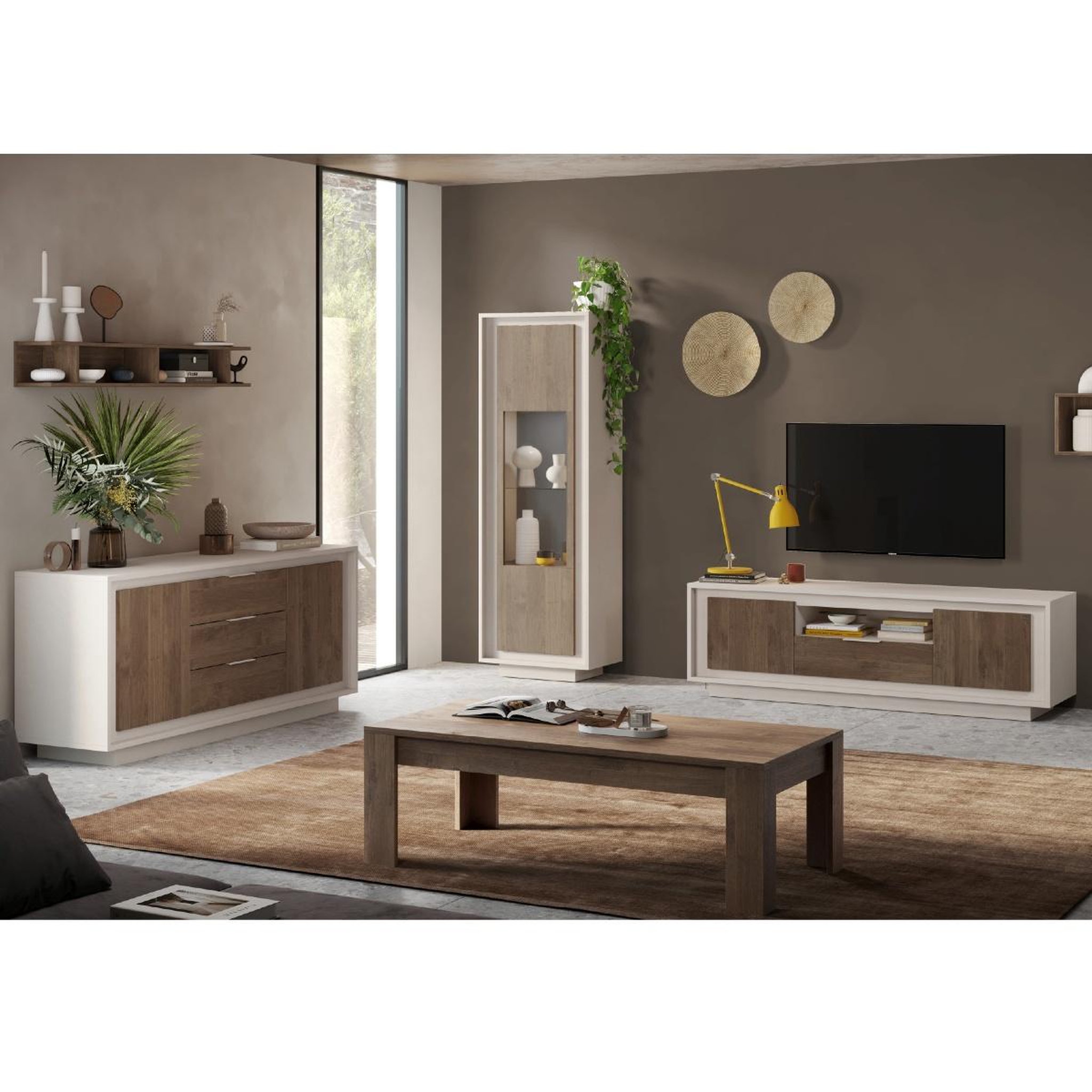 Voir la diapositive 5 : JLC KREATION Buffet bas beige et noyer 2 portes-3 tiroirs 180cm yori