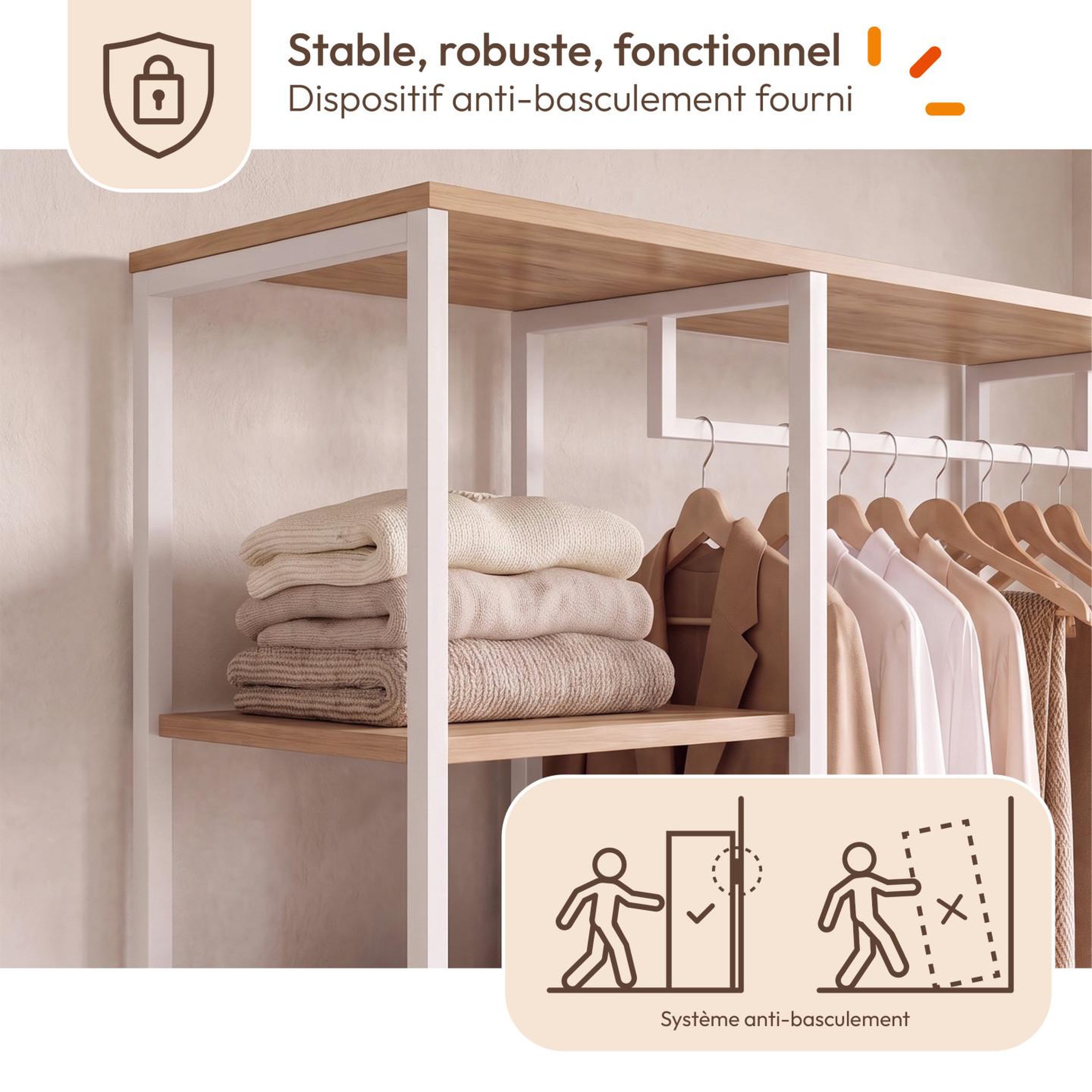 Voir la diapositive 5 : ID MARKET Dressing penderie étagères l. 90 cm detroit design industriel bois et métal blanc