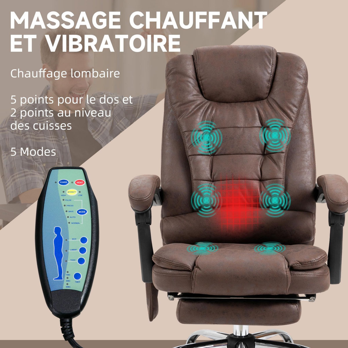 VINSETTO Fauteuil de bureau direction massant chauffant hauteur réglable dossier inclinable repose-pied rétractable tissu technique marron