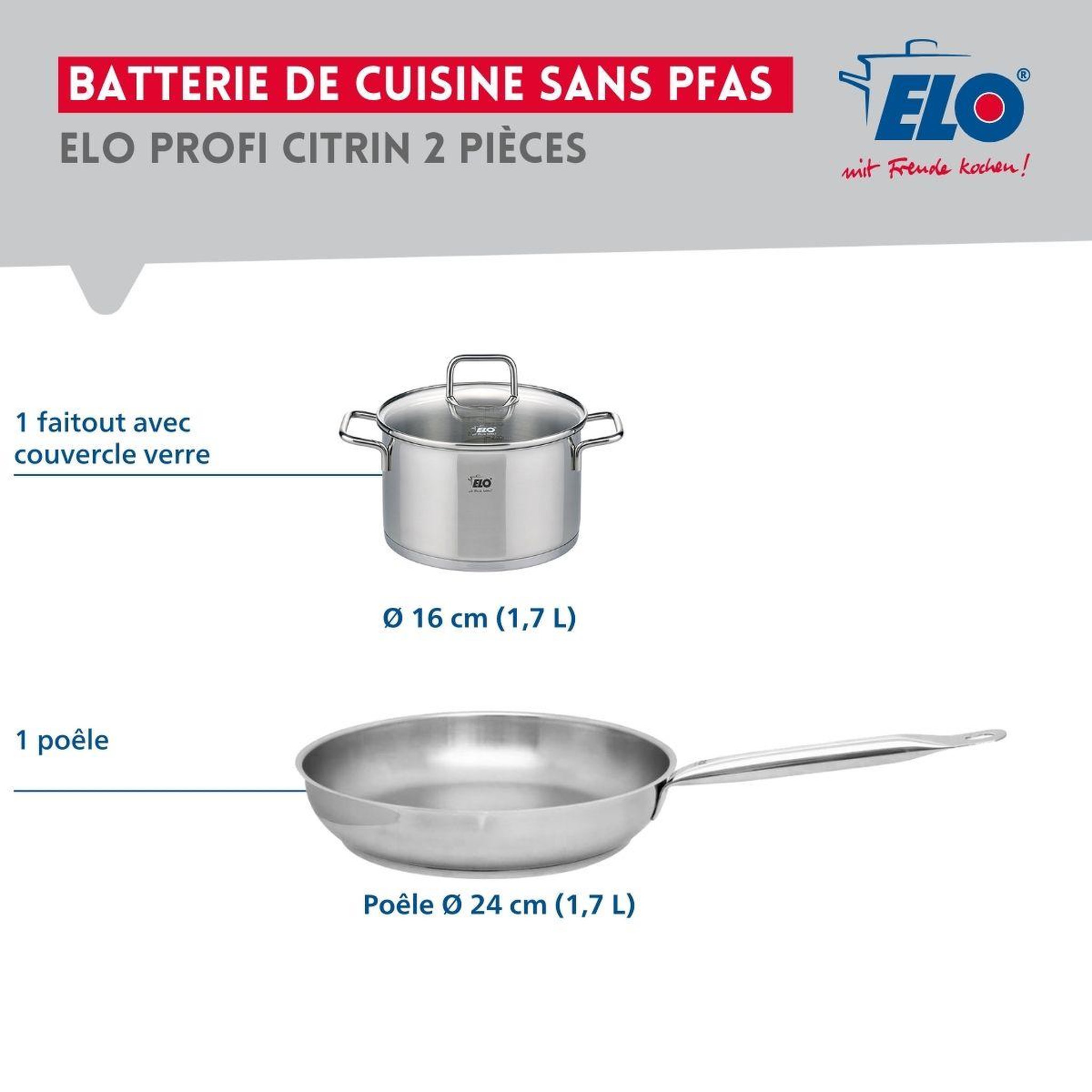 Voir la diapositive 2 : ELO Ensemble de 1 poêle de cuisson 24 cm et 1 faitout 16 cm elo profi citrin