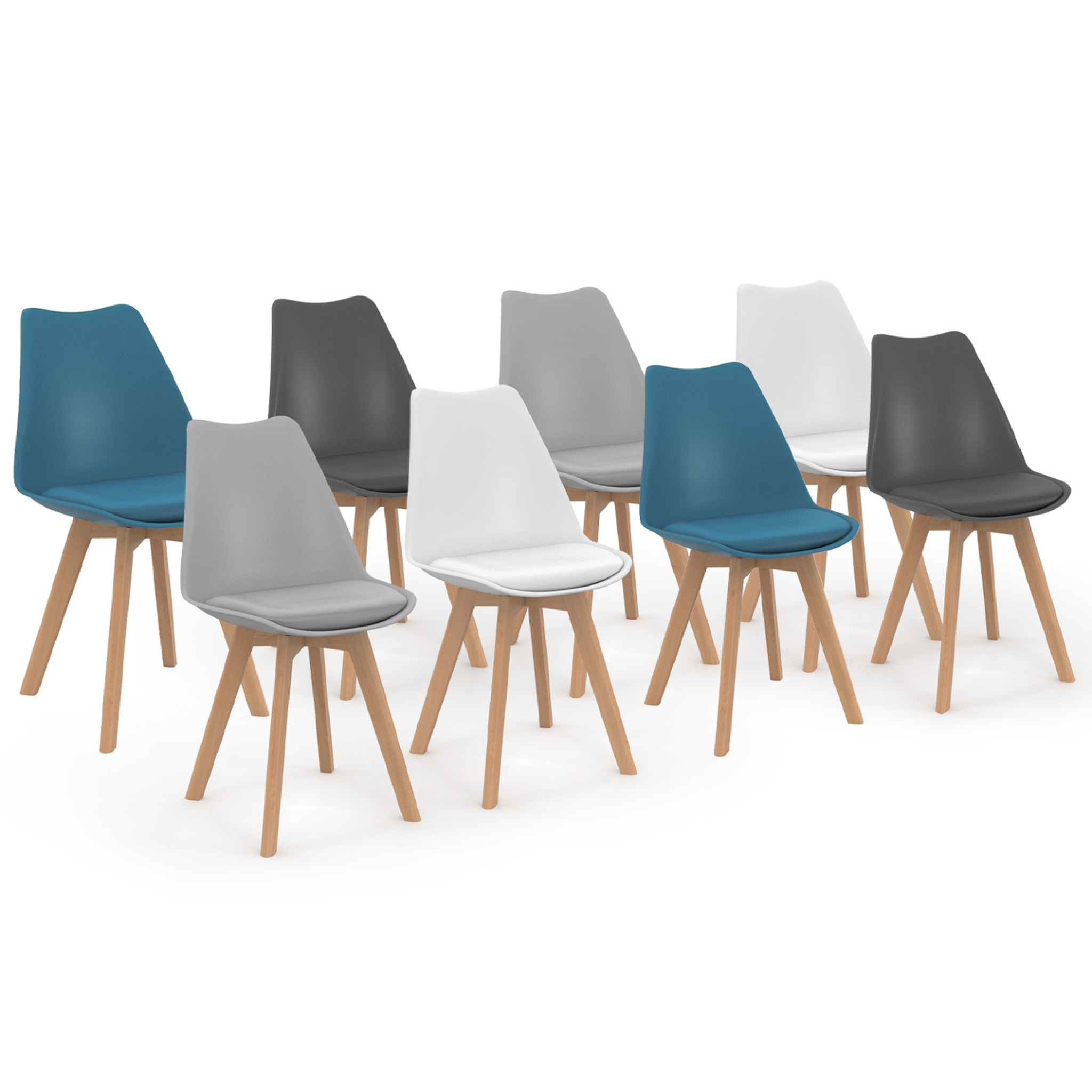 ID MARKET Lot de 8 chaises scandinaves sara mix color blanc x2, gris clair x2, gris foncé x2, bleu canard x2
