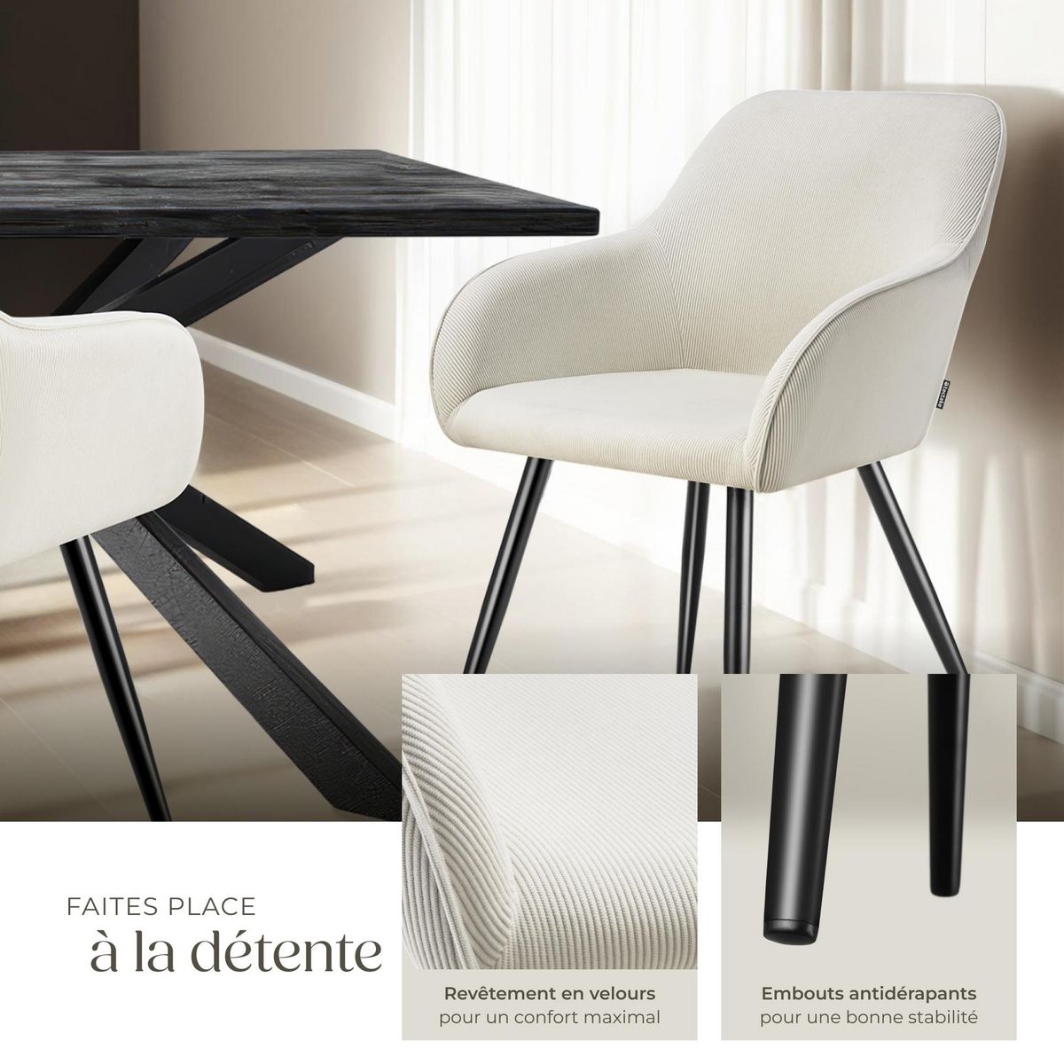 tectake Chaise de salle à manger rembourrée en velours côtelé crème/noir