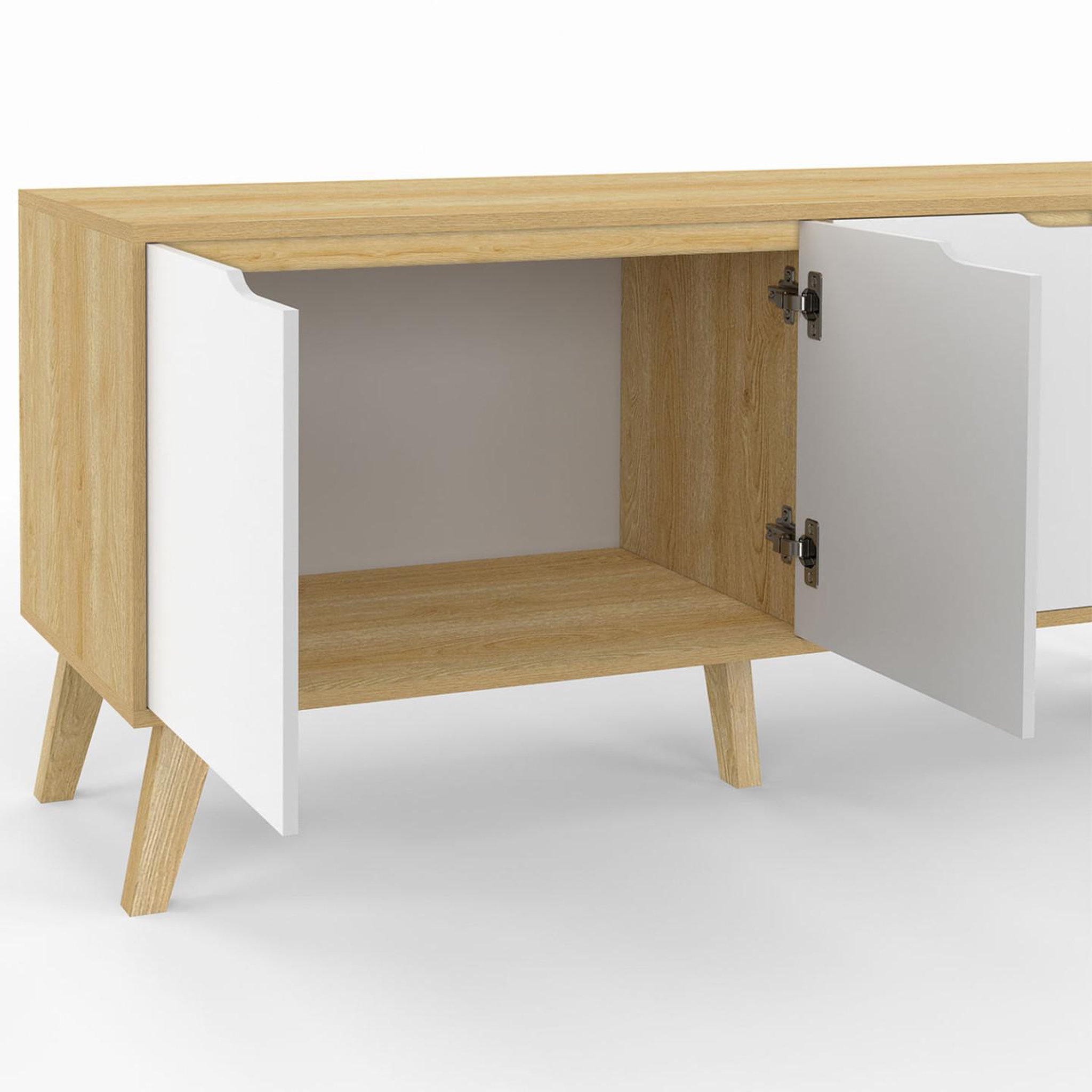Voir la diapositive 6 : ID MARKET Buffet bas scandinave 140 cm finn  4 portes blanc et bois façon hêtre