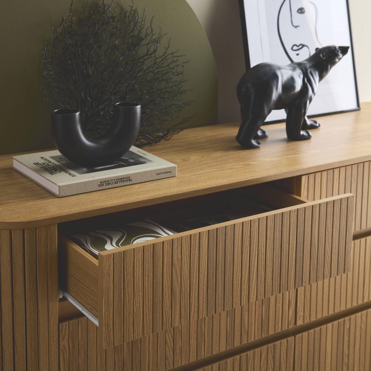 SWEEEK Commode 6 tiroirs. décor strié naturel. L 150 x P 45  H 80cm