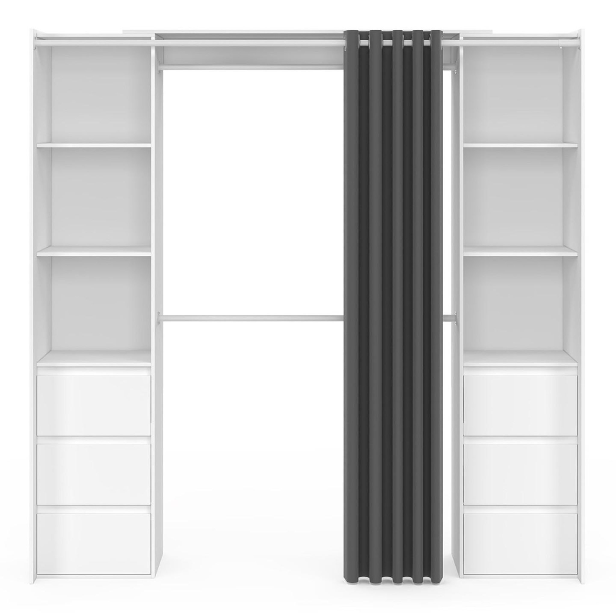 Voir la diapositive 3 : ID MARKET Dressing extensible double meryl 120/180 cm blanc avec 6 tiroirs + étagères + double penderie + rideau gris